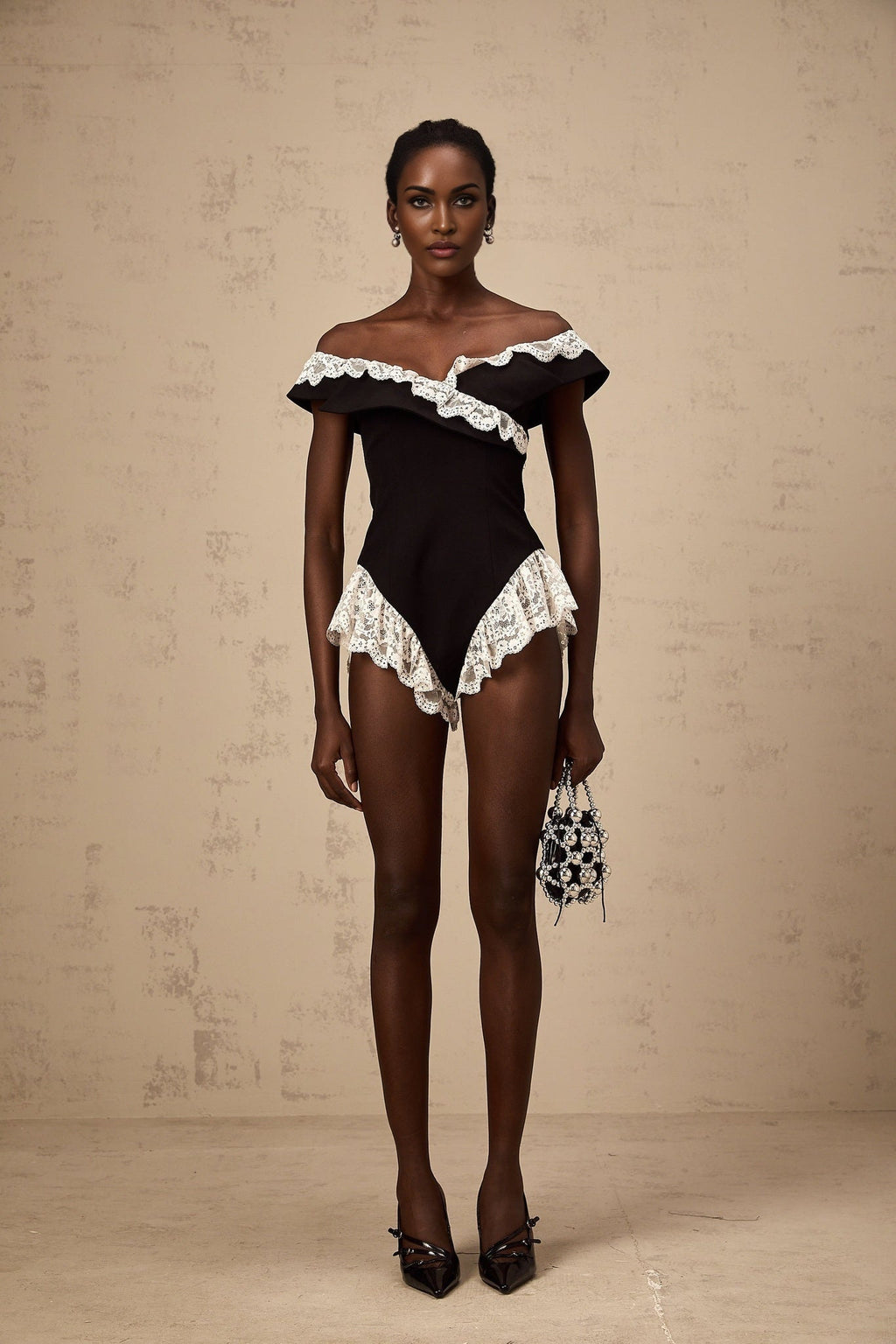 Riley Bodysuit Black & White Lace Trim Off Shoulder Ruffle Zip