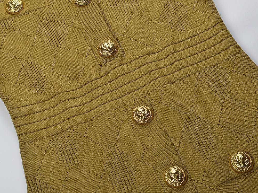 Riley Dress - Fitted Silhouette - Textured Button - Down Design - Bodycon Fit - Gold Button Embellishments