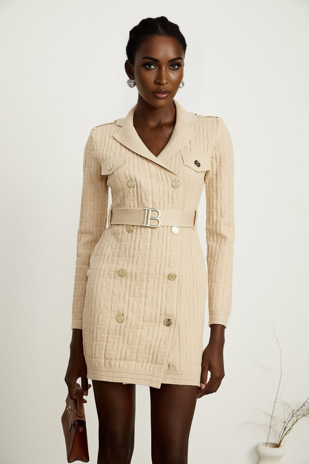 Riley Neutral Knitted V Neck Dress with Detachable Belt