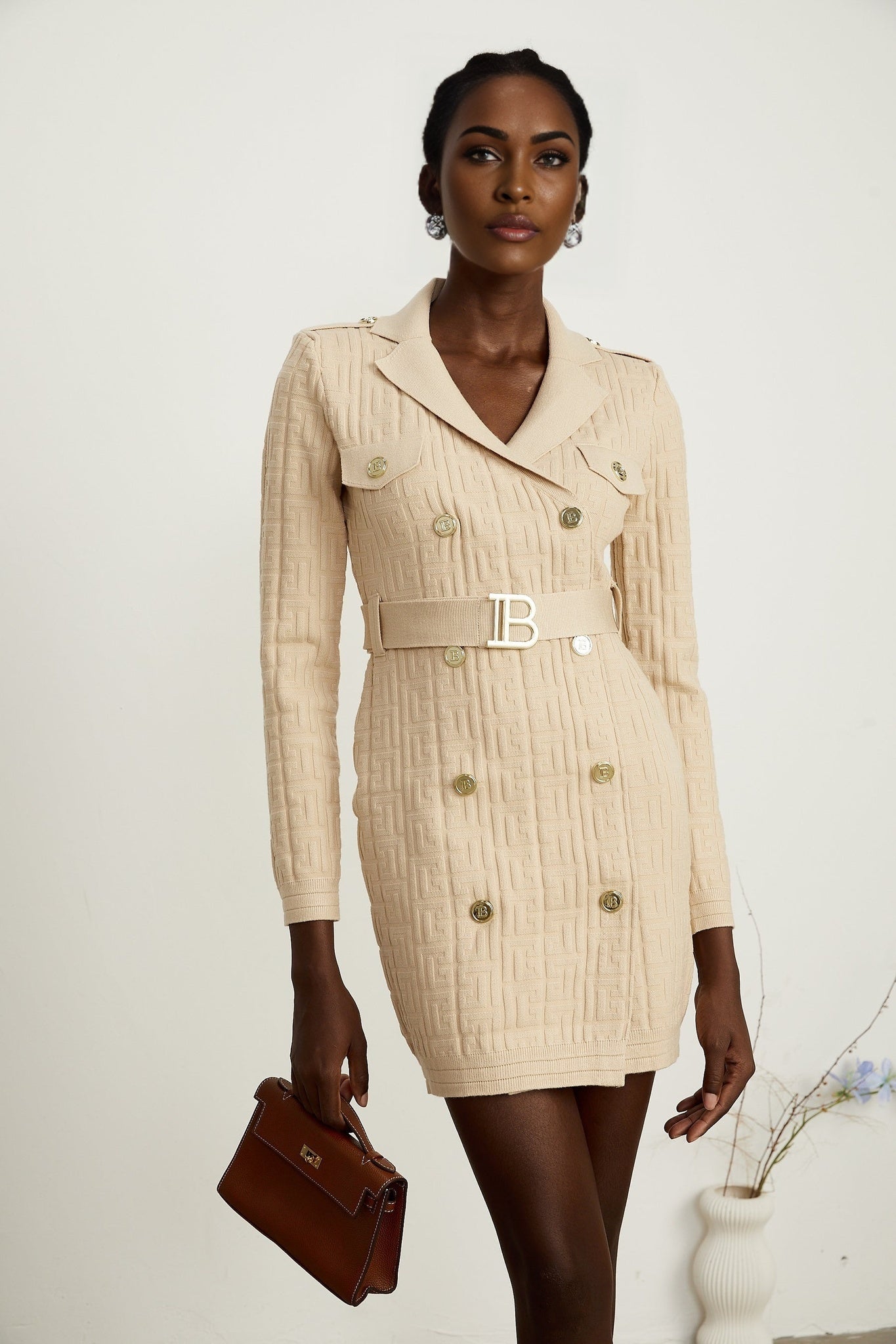 Riley Neutral Knitted V Neck Dress with Detachable Belt