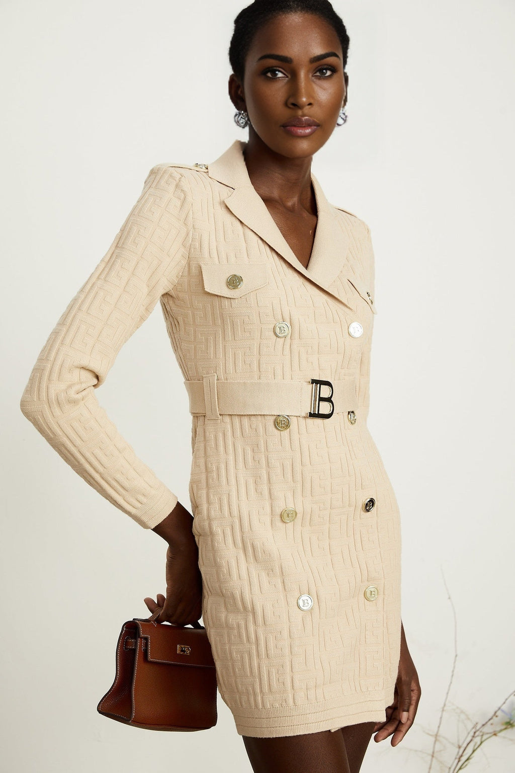 Riley Neutral Knitted V Neck Dress with Detachable Belt