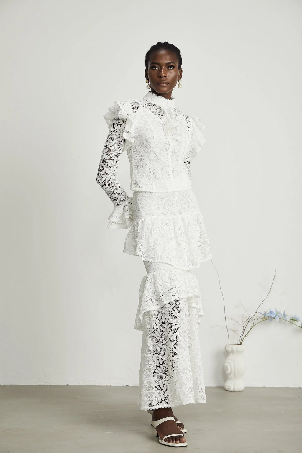 Riley Skirt & Top Set White Ruffled Cut Out Pleated Midi