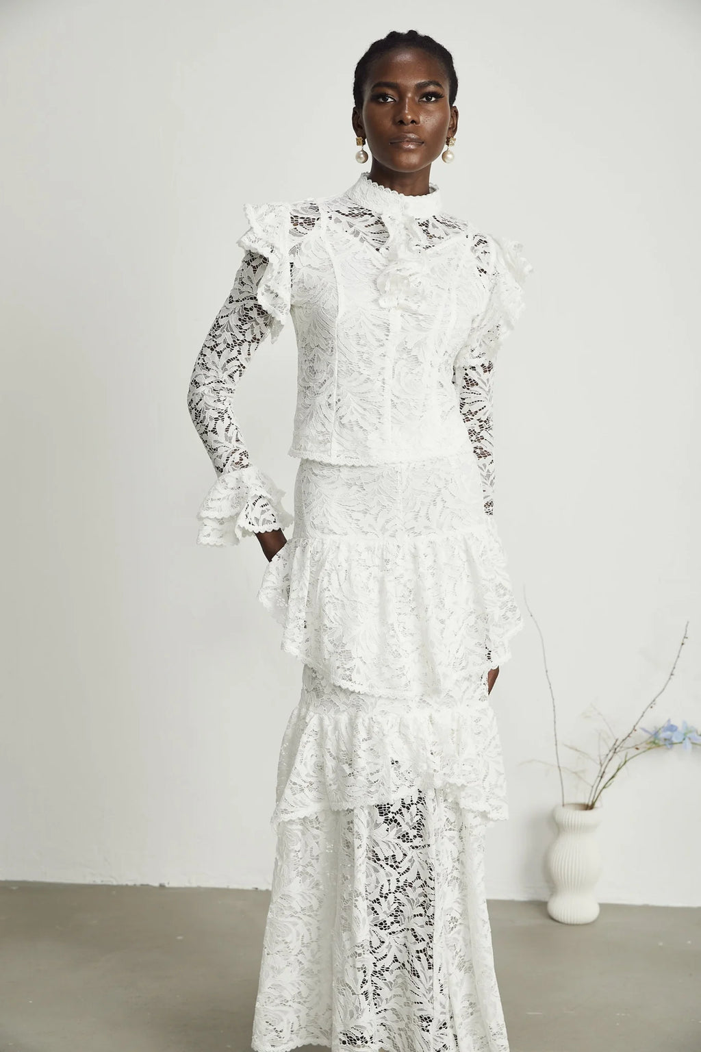 Riley Skirt & Top Set White Ruffled Cut Out Pleated Midi
