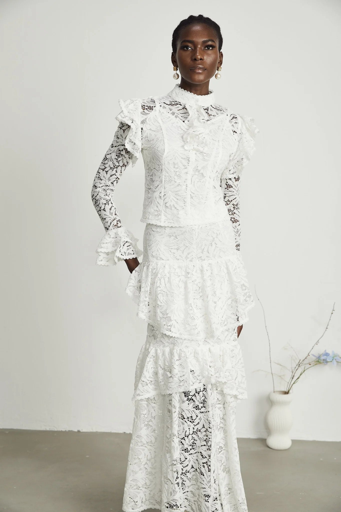 Riley Skirt & Top Set White Ruffled Cut Out Pleated Midi