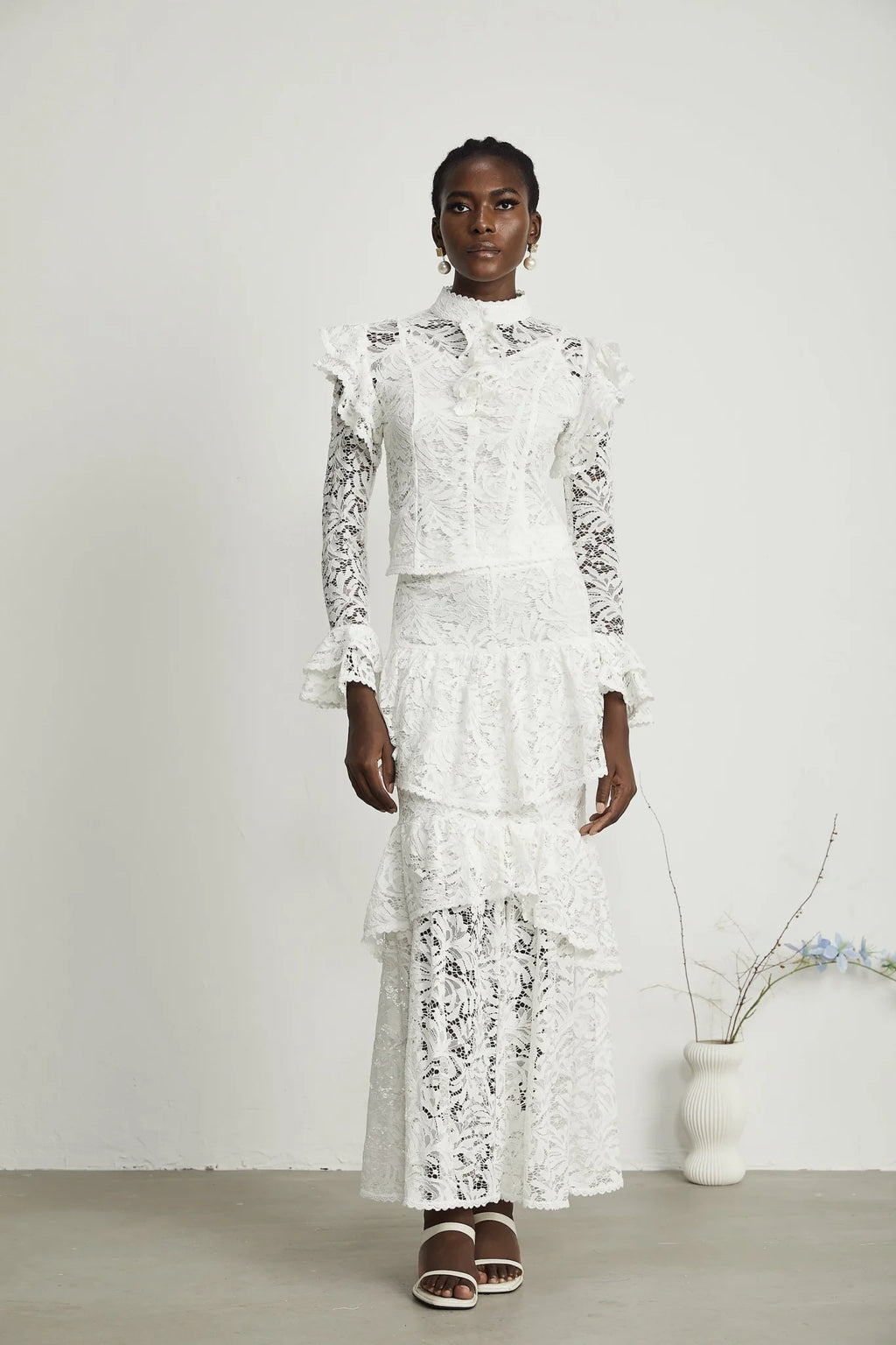Riley Skirt & Top Set White Ruffled Cut Out Pleated Midi