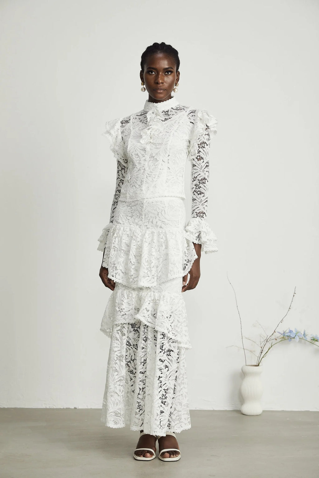 Riley Skirt & Top Set White Ruffled Cut Out Pleated Midi