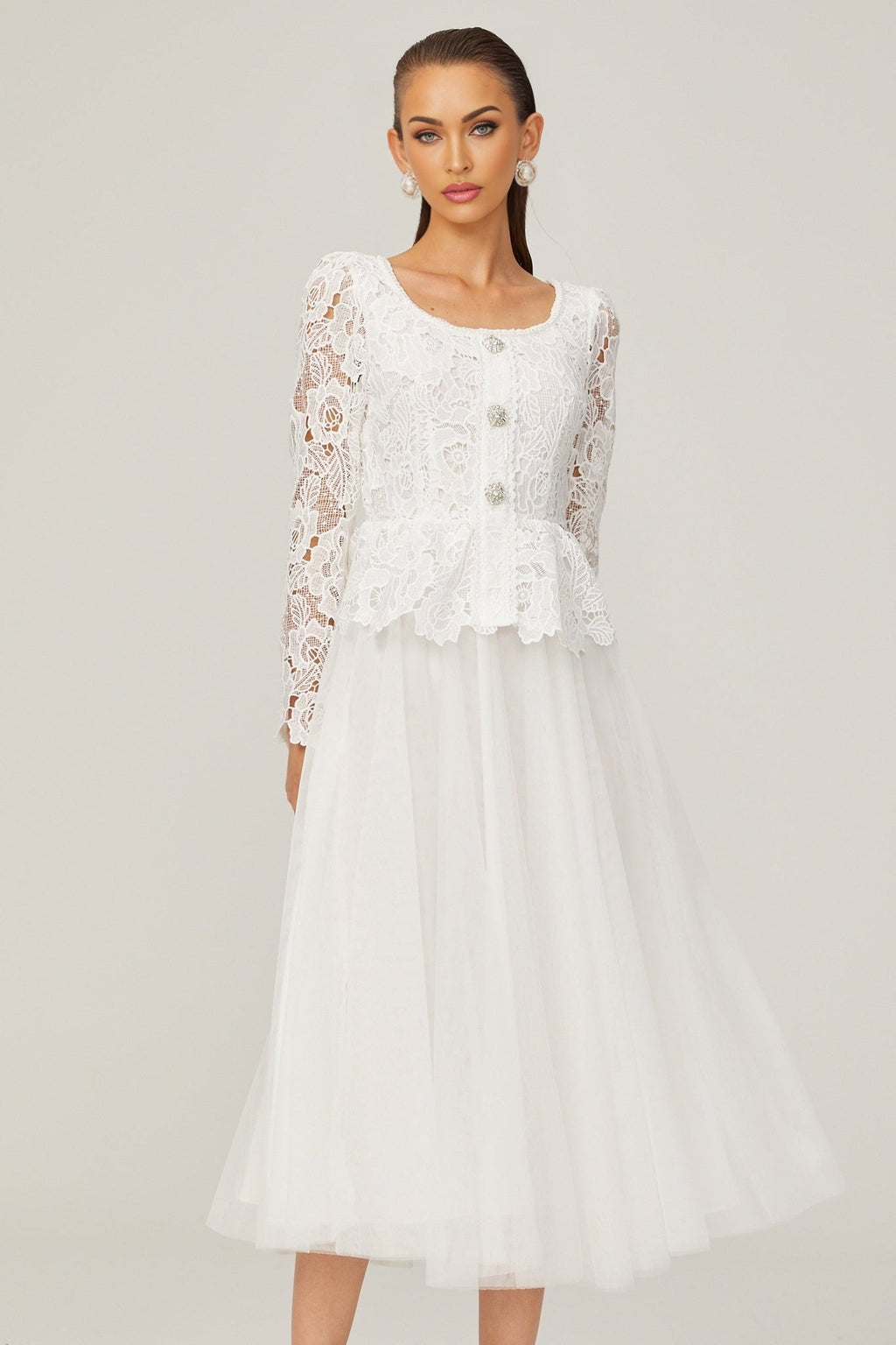Rina Midi Dress White Tulle Guipure Lace Peplum Floral Choker