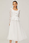Rina Midi Dress White Tulle Guipure Lace Peplum Floral Choker