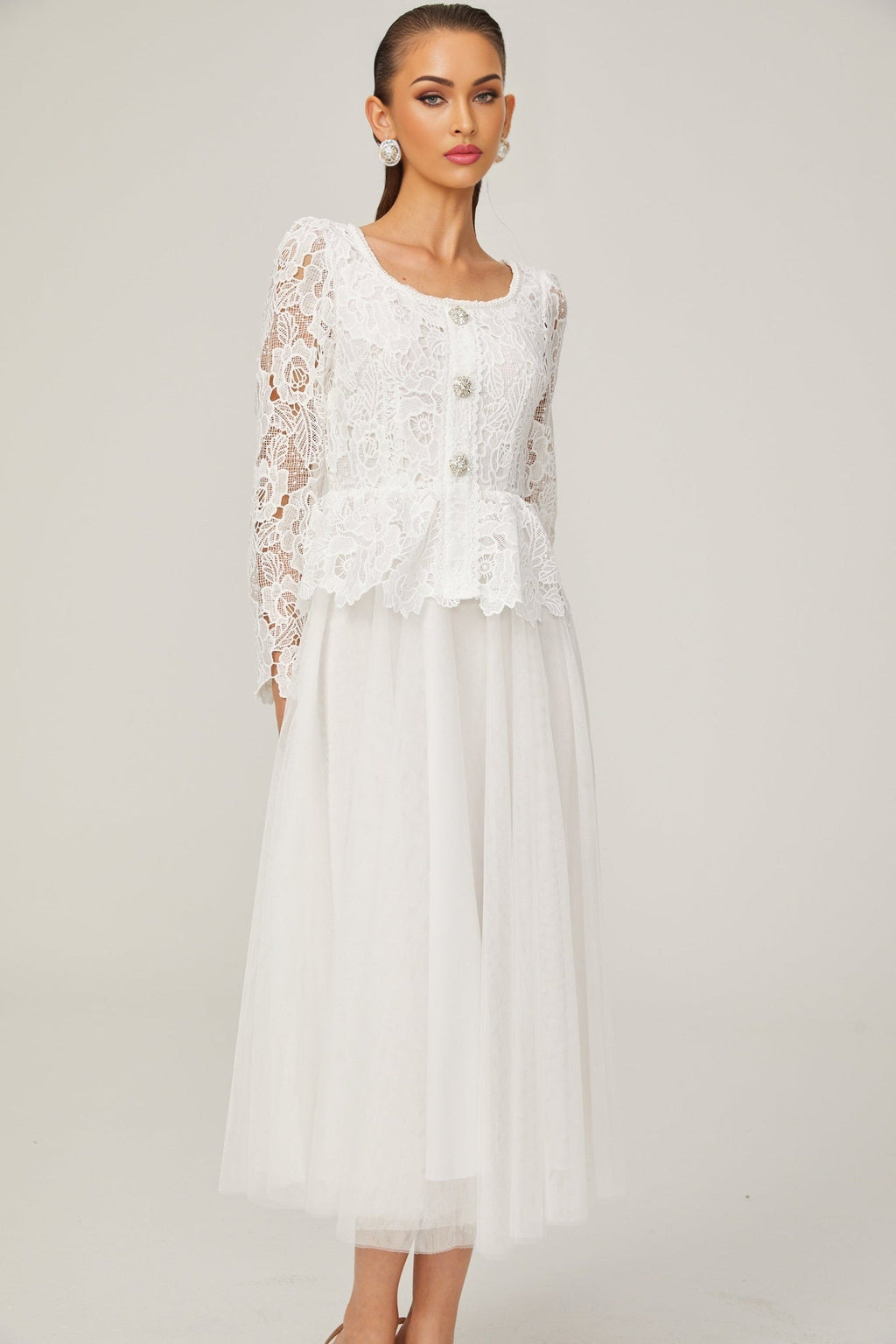 Rina Midi Dress White Tulle Guipure Lace Peplum Floral Choker