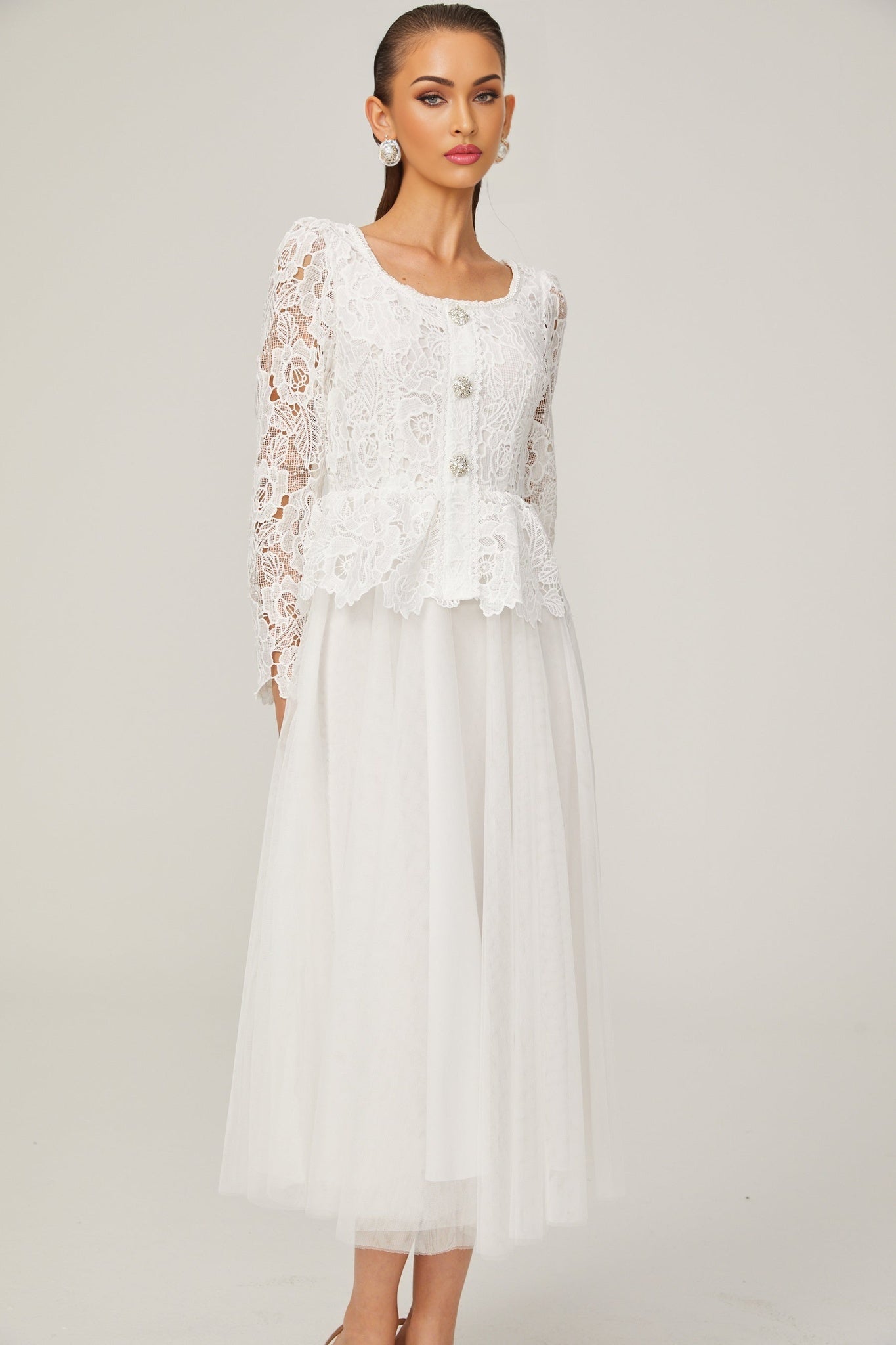 Rina Midi Dress White Tulle Guipure Lace Peplum Floral Choker