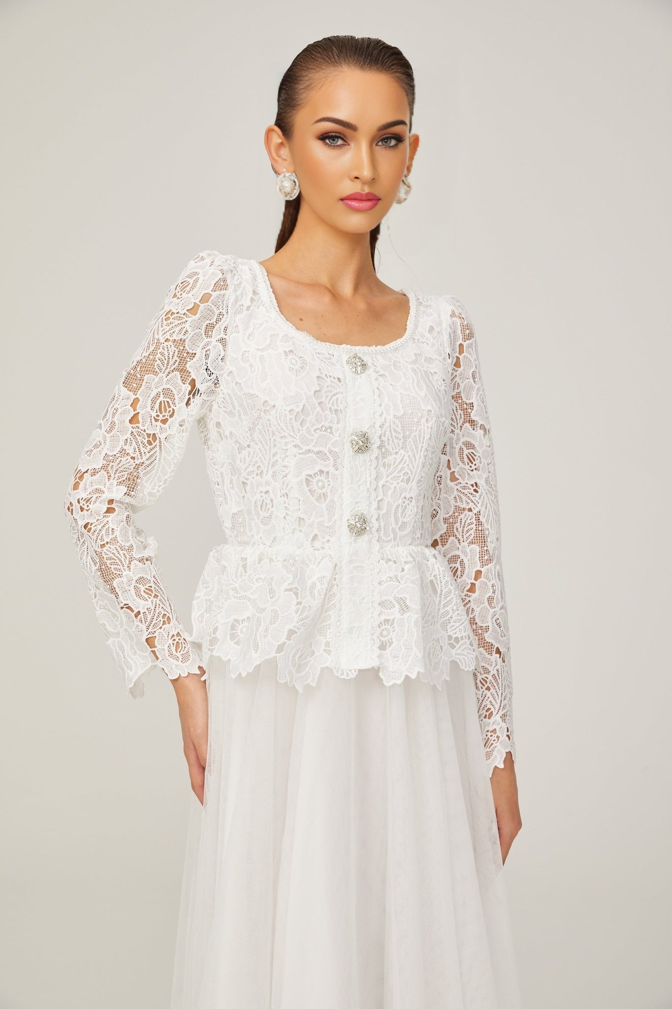 Rina Midi Dress White Tulle Guipure Lace Peplum Floral Choker