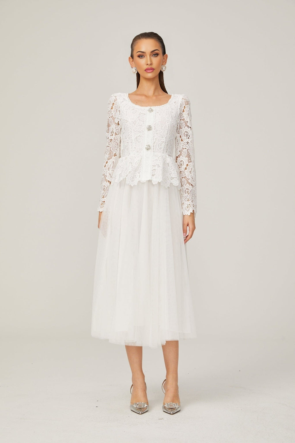 Rina Midi Dress White Tulle Guipure Lace Peplum Floral Choker