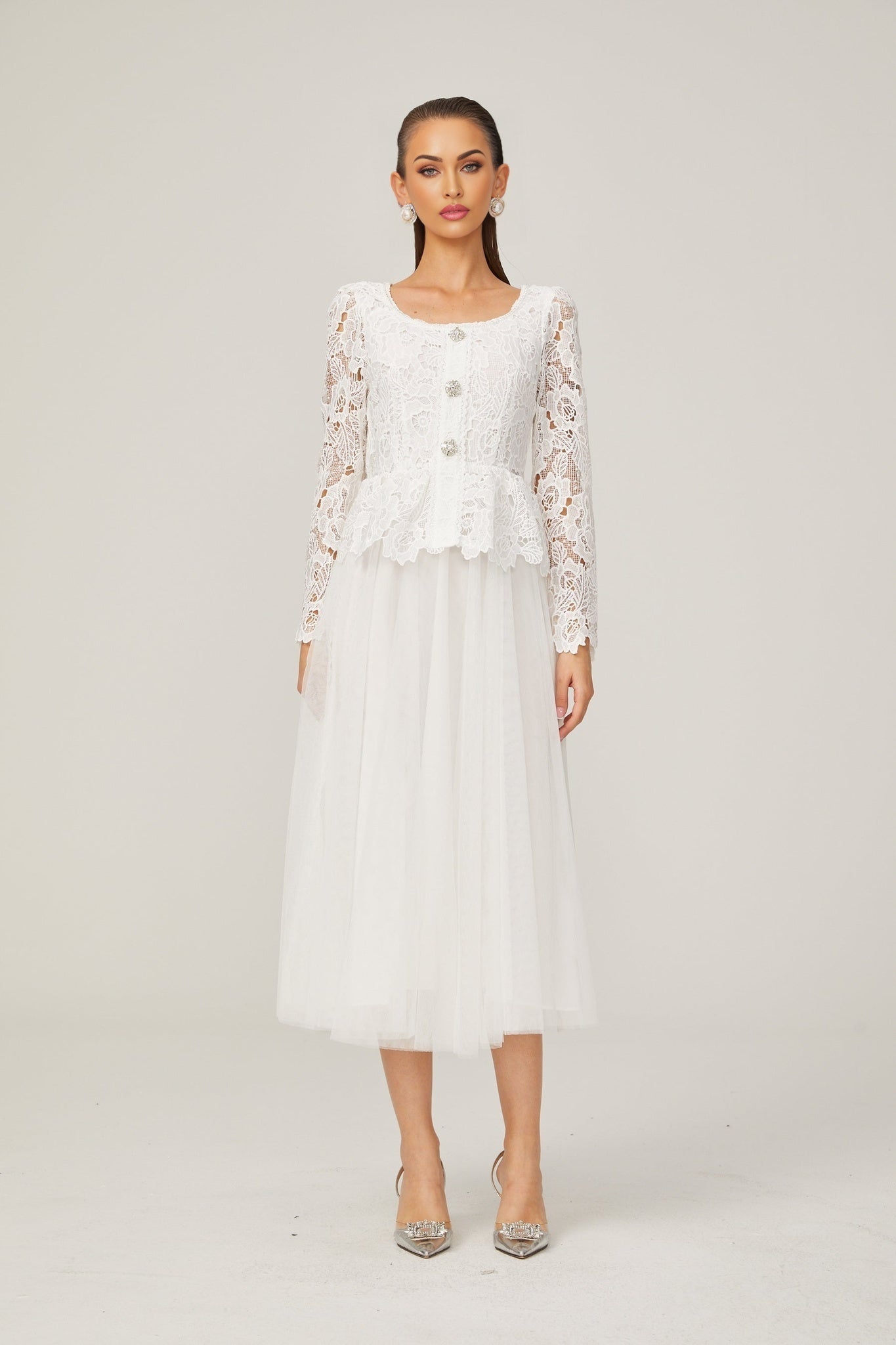 Rina Midi Dress White Tulle Guipure Lace Peplum Floral Choker