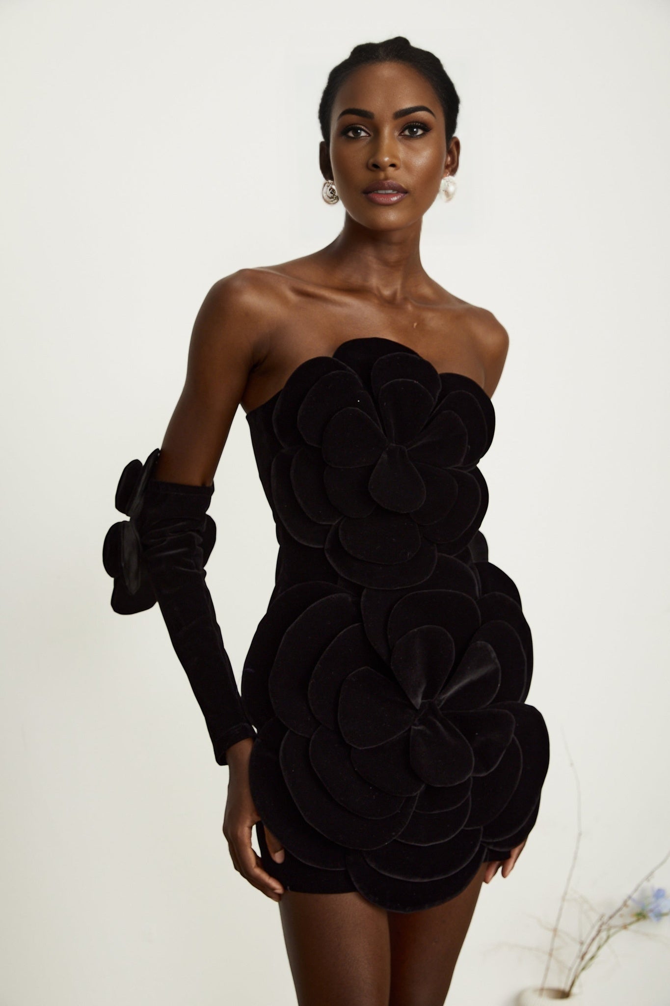 Rina Mini Dress Black Velvet Off Shoulder Floral Applique