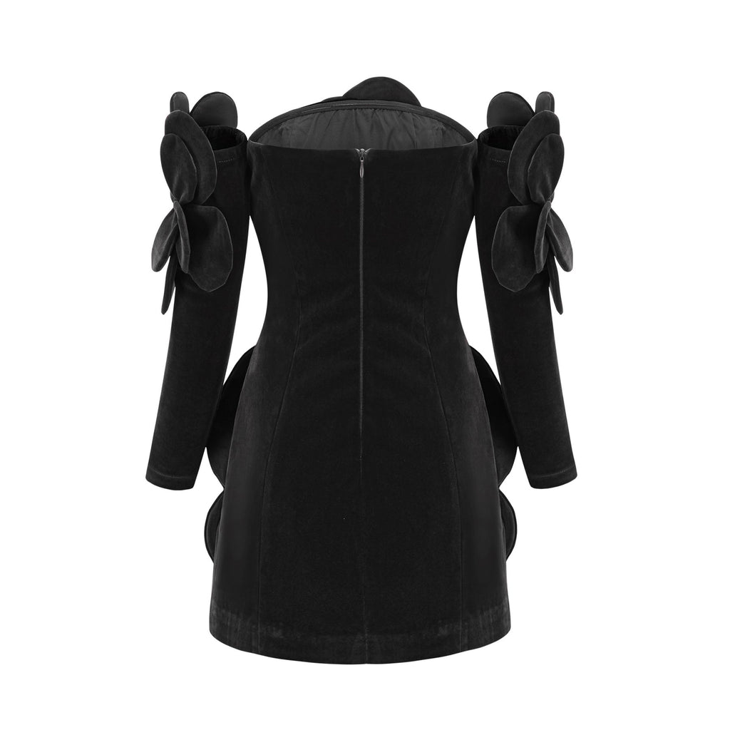 Rina Mini Dress Black Velvet Off Shoulder Floral Applique
