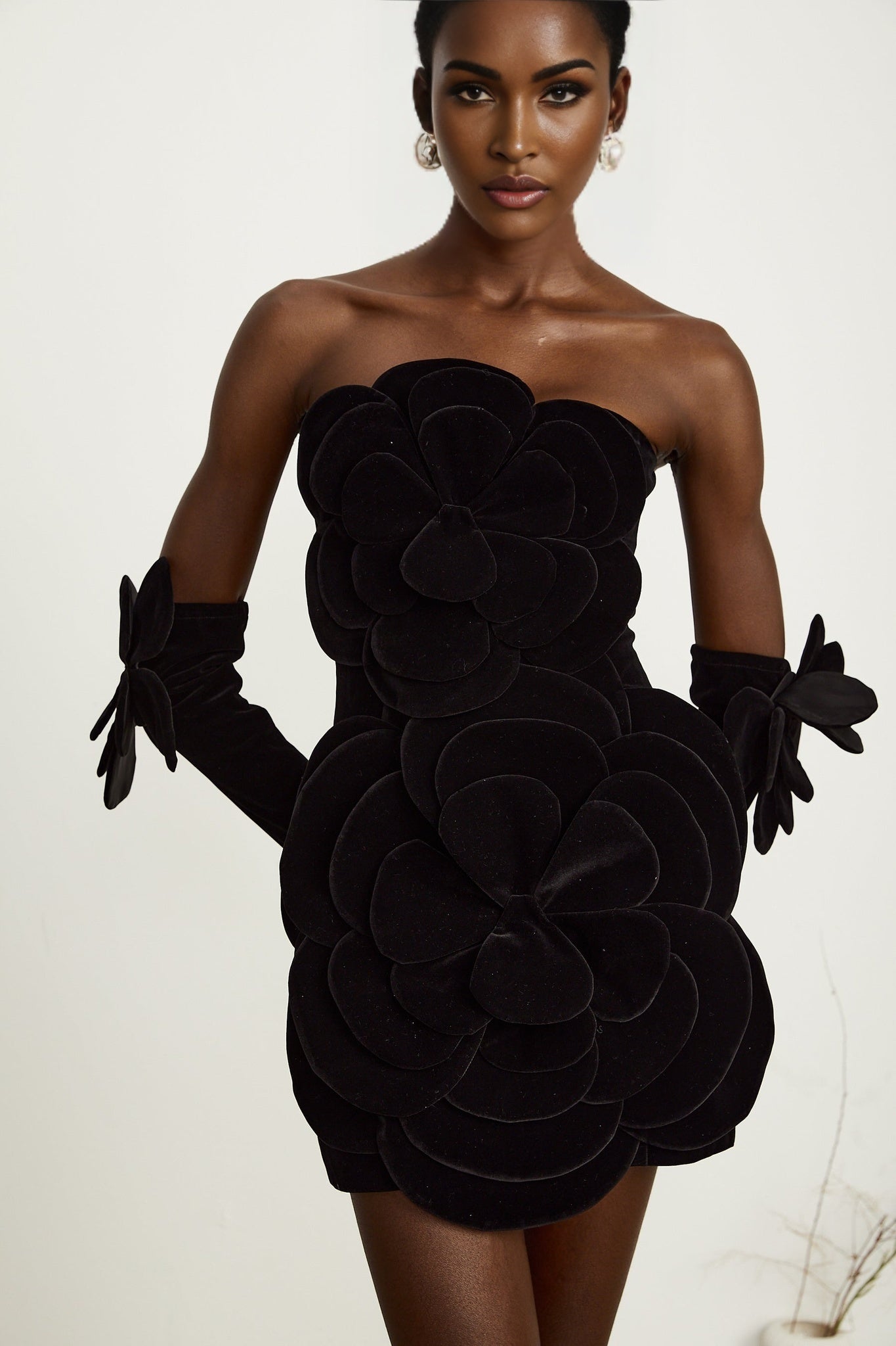 Rina Mini Dress Black Velvet Off Shoulder Floral Applique