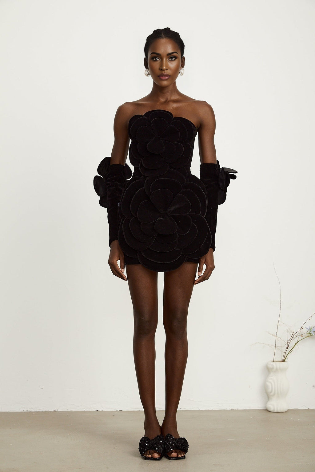 Rina Mini Dress Black Velvet Off Shoulder Floral Applique
