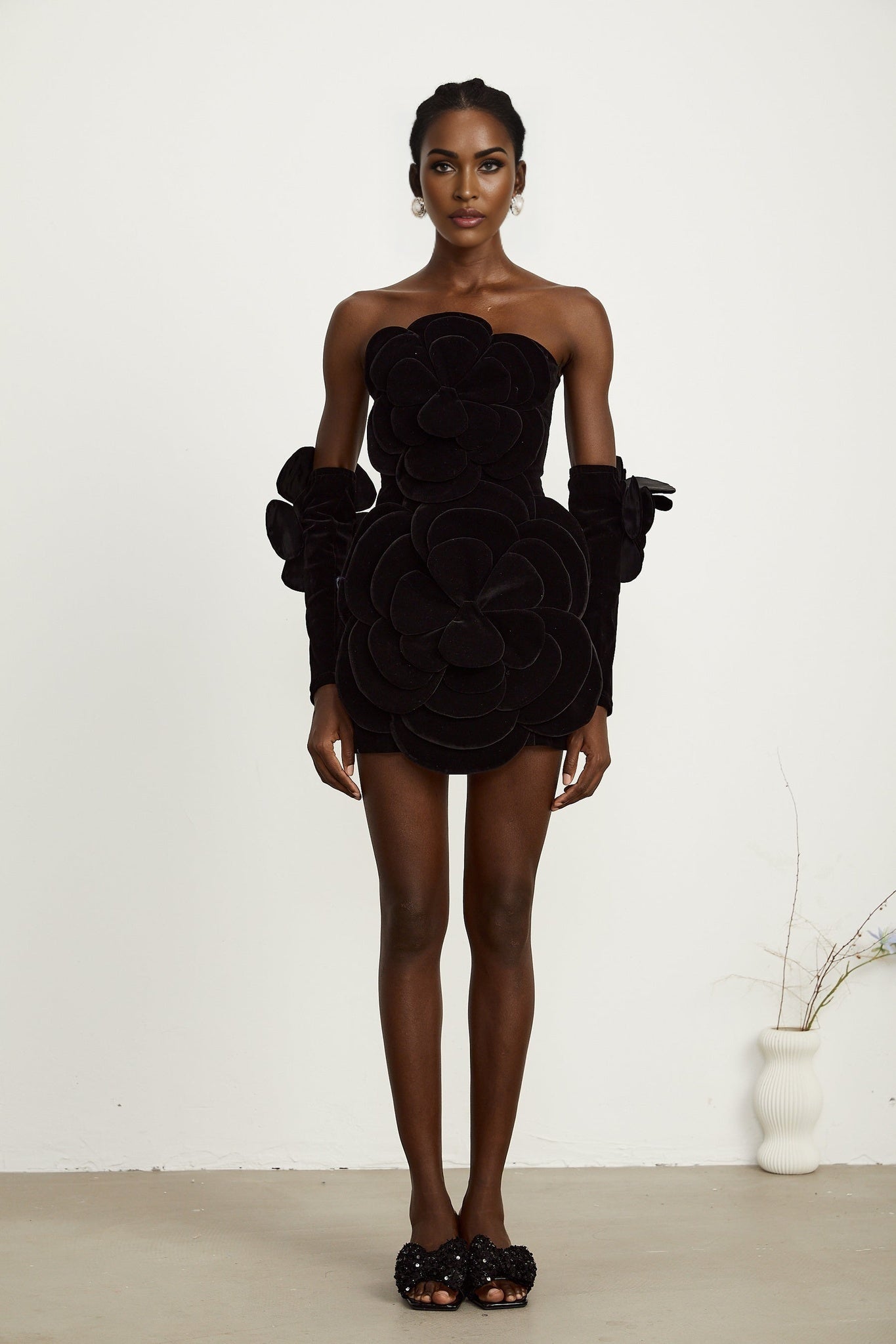 Rina Mini Dress Black Velvet Off Shoulder Floral Applique