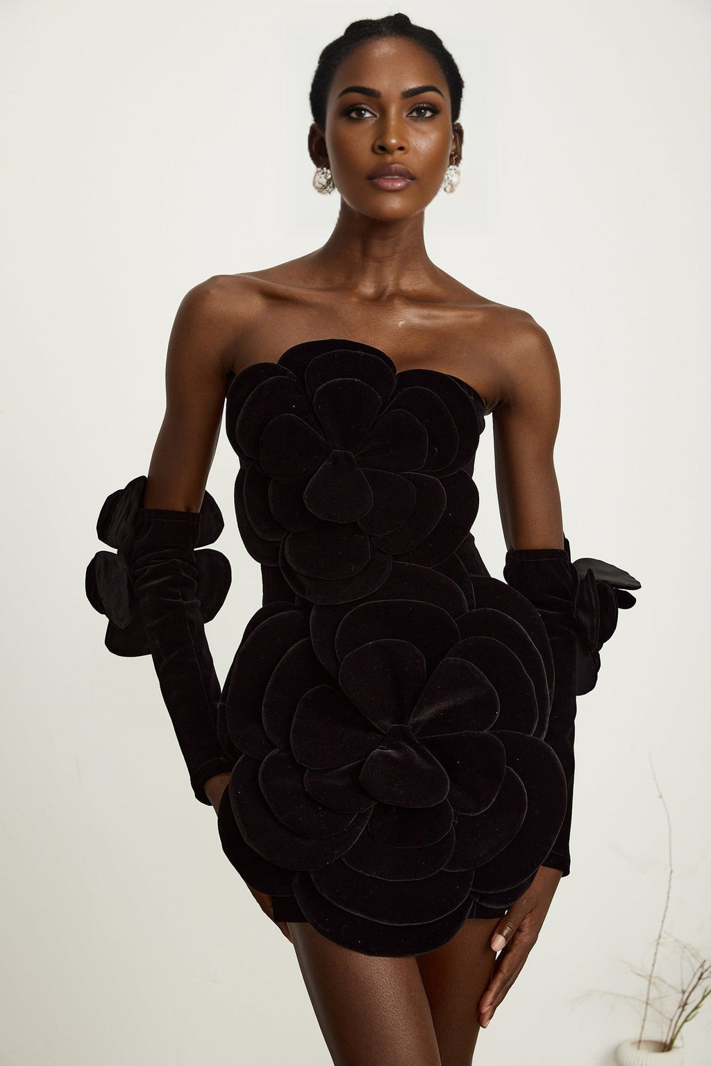 Rina Mini Dress Black Velvet Off Shoulder Floral Applique