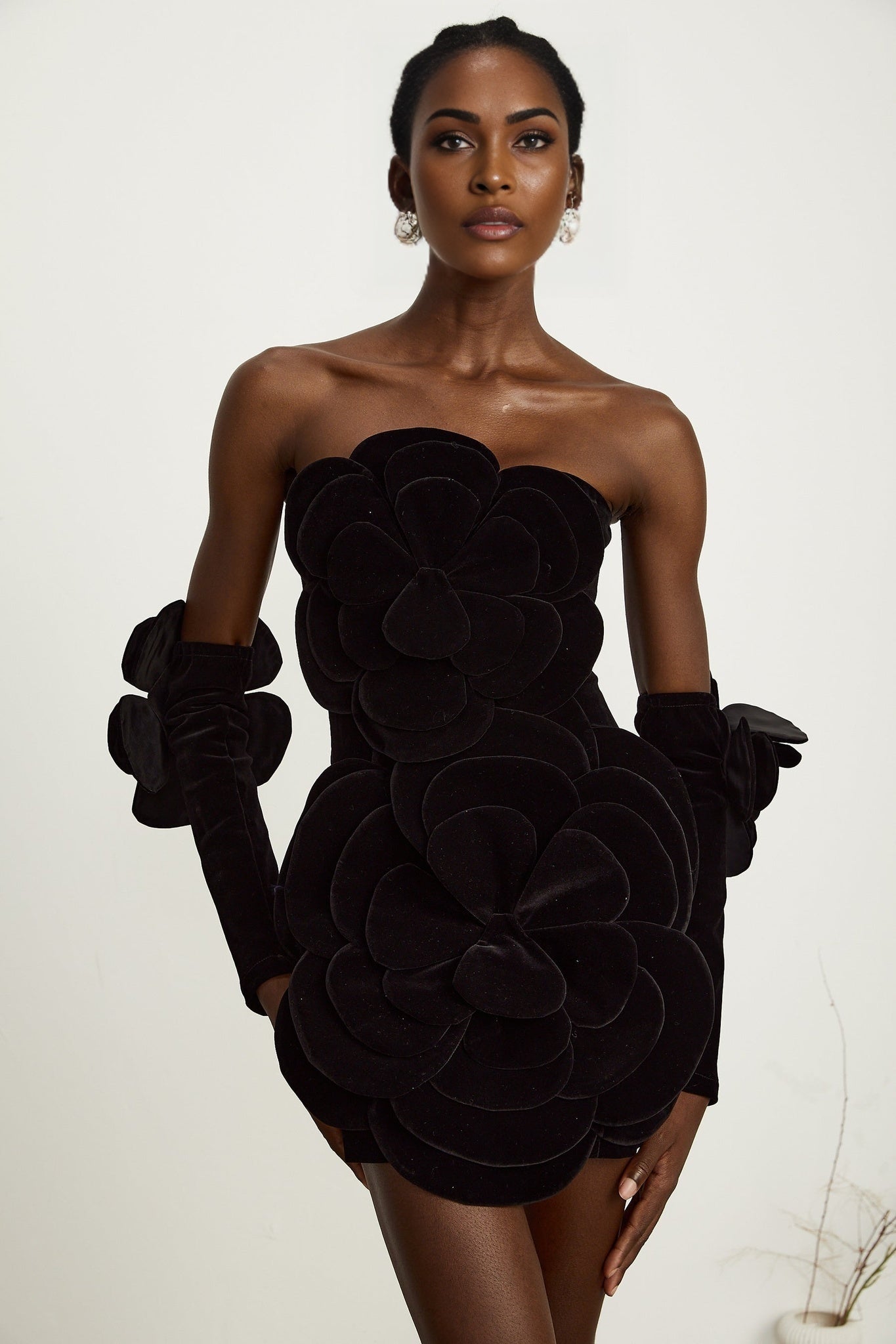 Rina Mini Dress Black Velvet Off Shoulder Floral Applique