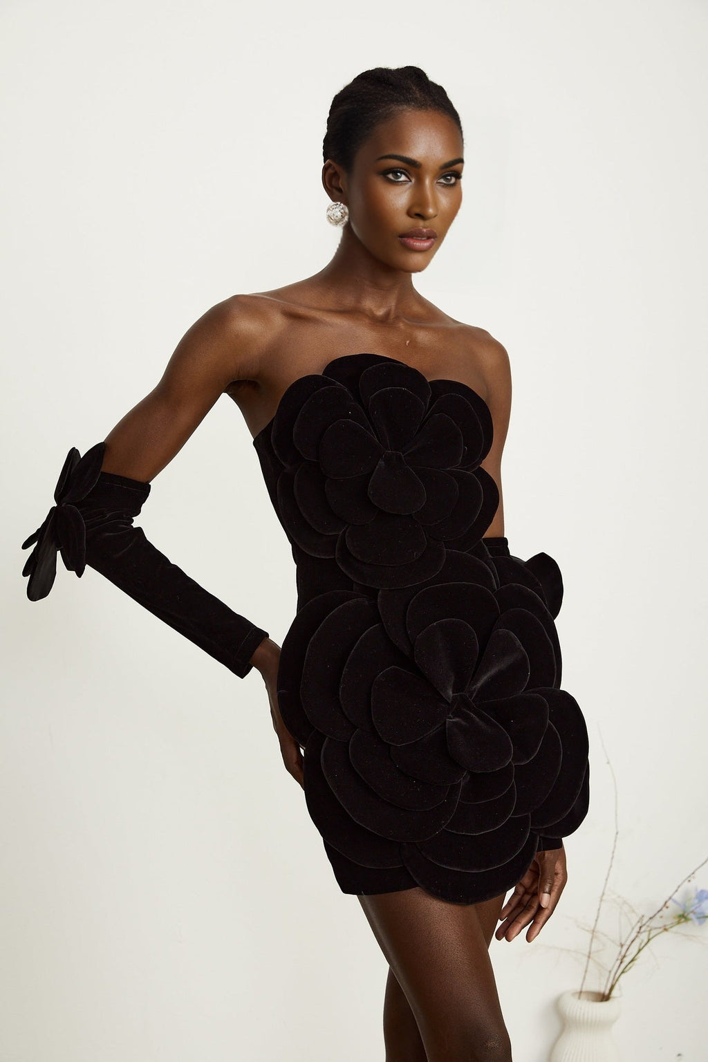 Rina Mini Dress Black Velvet Off Shoulder Floral Applique