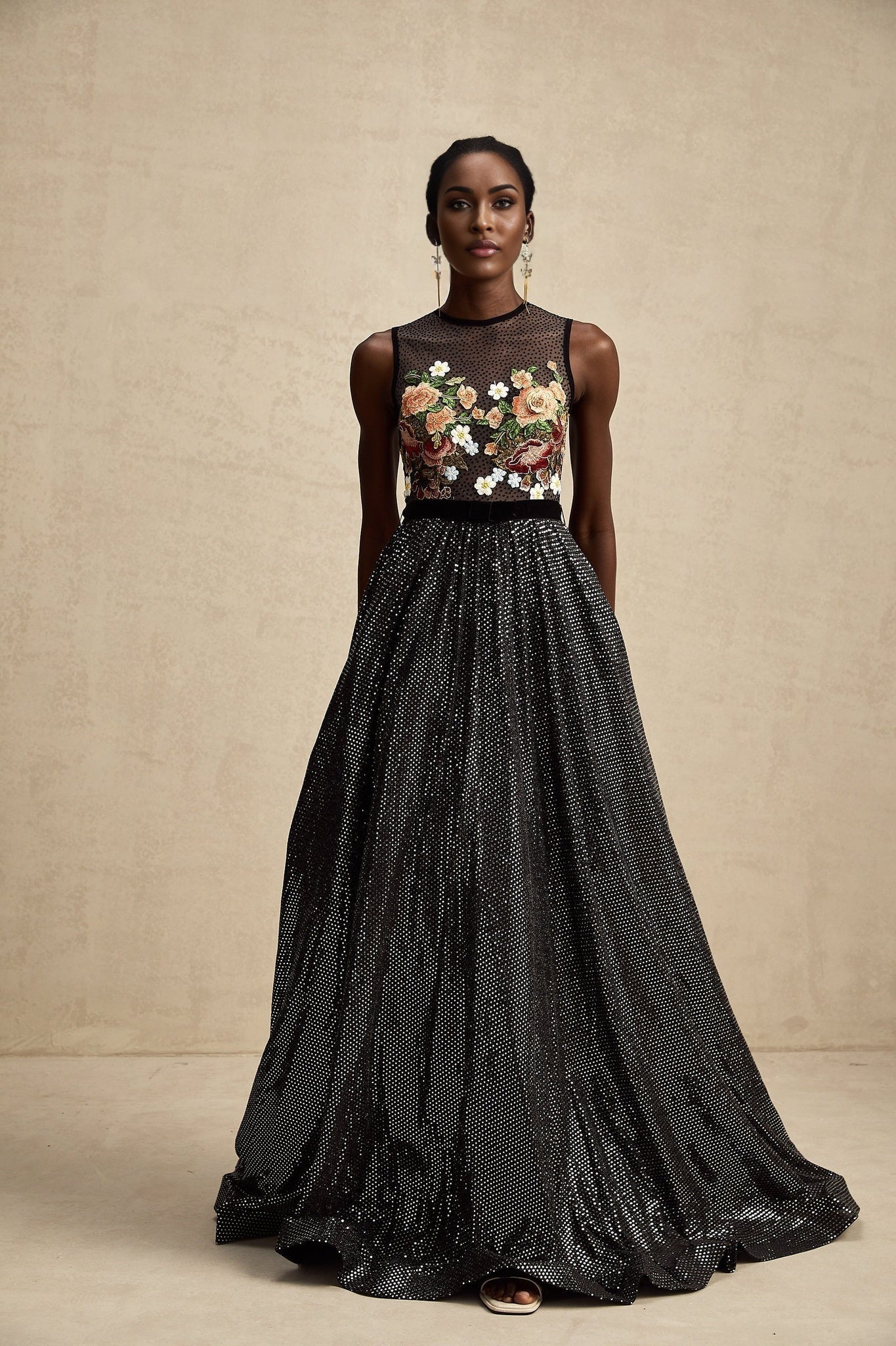 Rinata Embellished Maxi Dress with Floral Embroidery