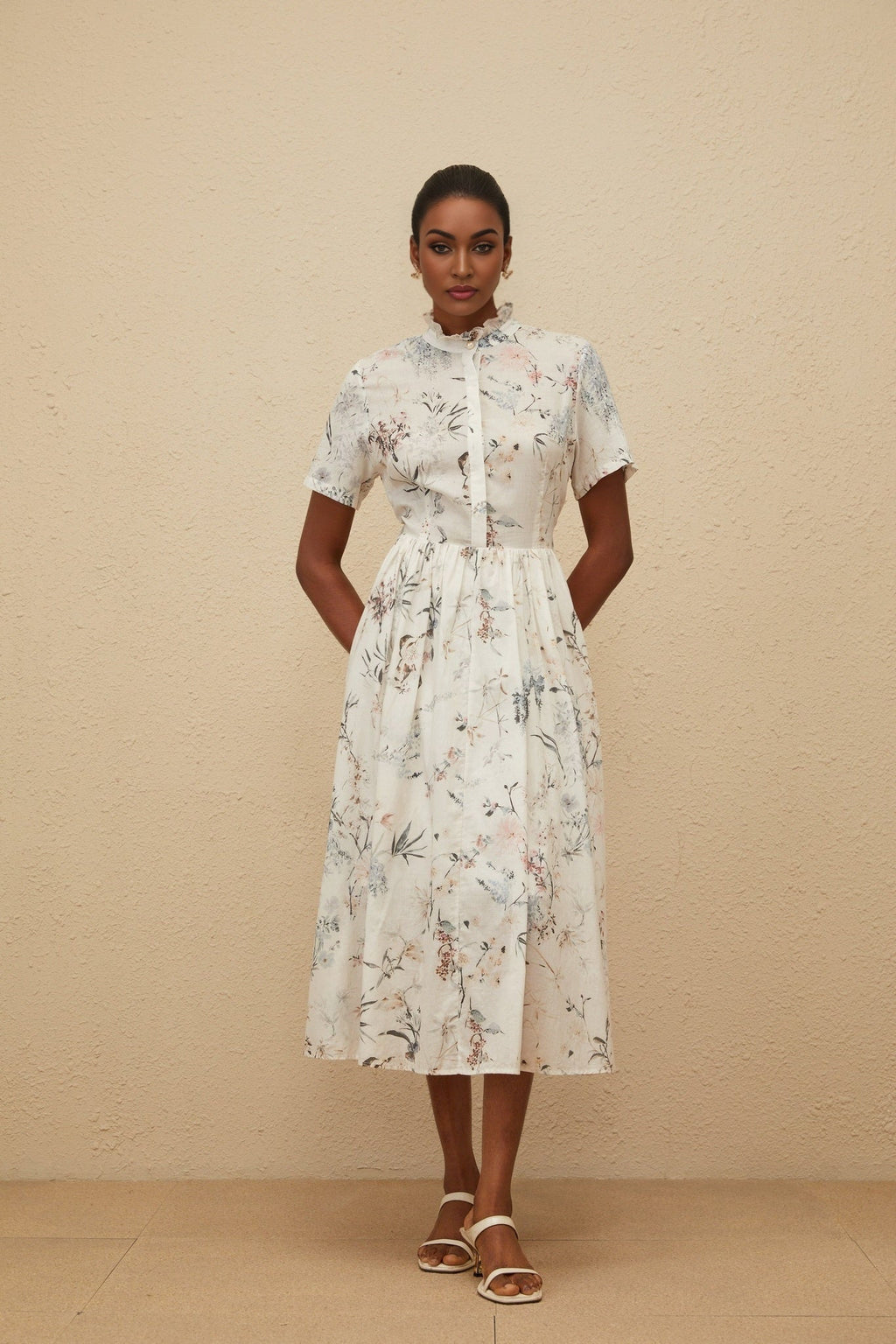 Rinata Midi Dress - Short Sleeves - Frilled Neck - Tied Waist - Floral Print - Shirred Effect