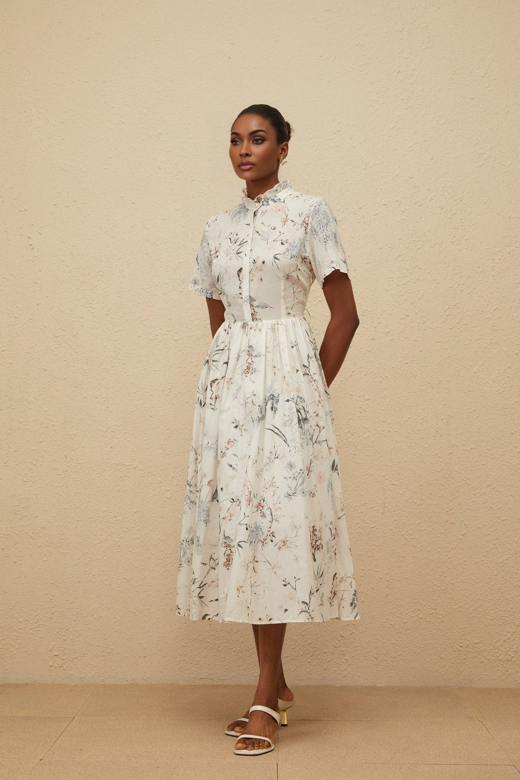 Rinata Midi Dress - Short Sleeves - Frilled Neck - Tied Waist - Floral Print - Shirred Effect