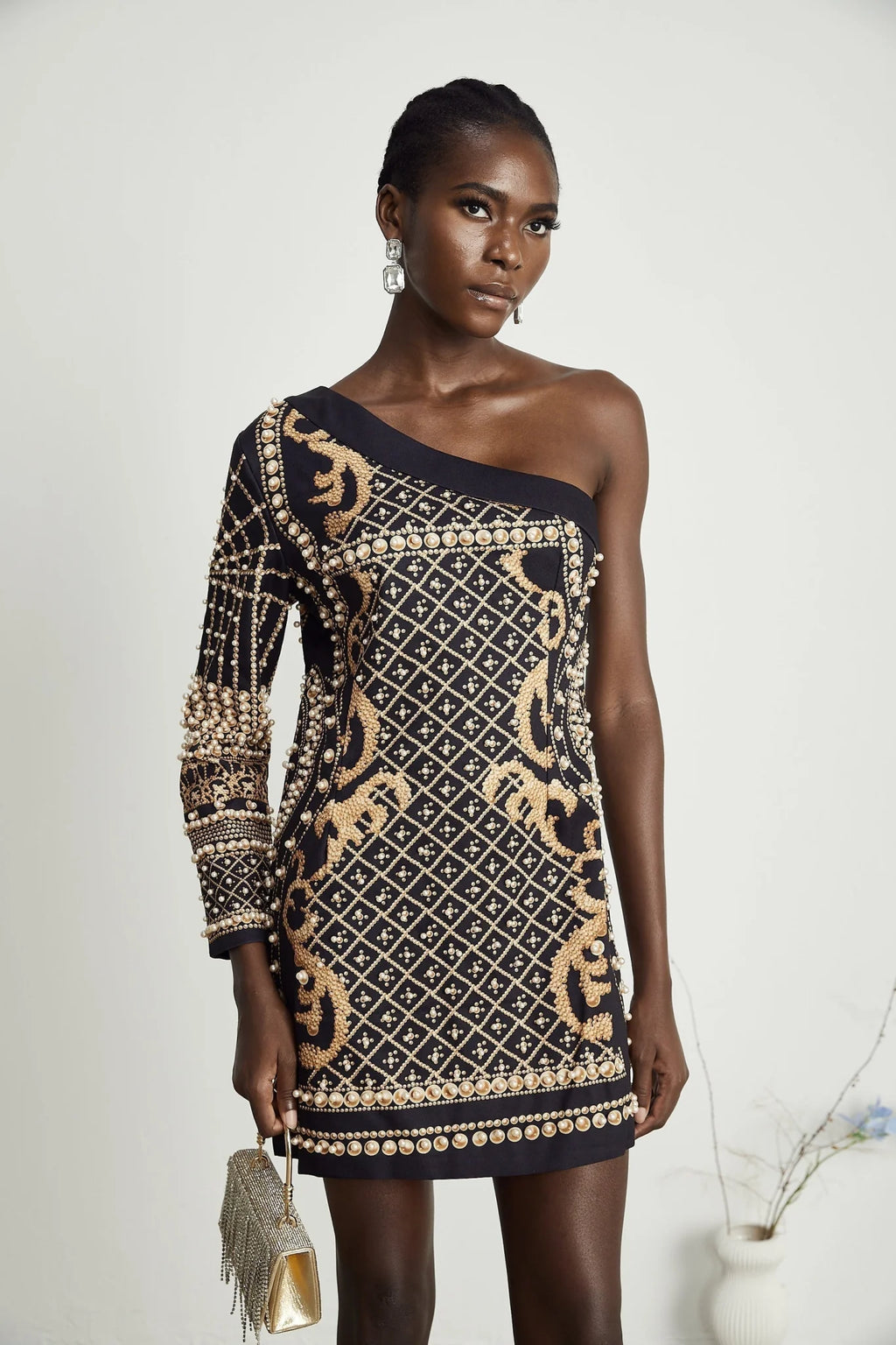Rinata Mini Dress Pearl Embellished One Shoulder Black Gold