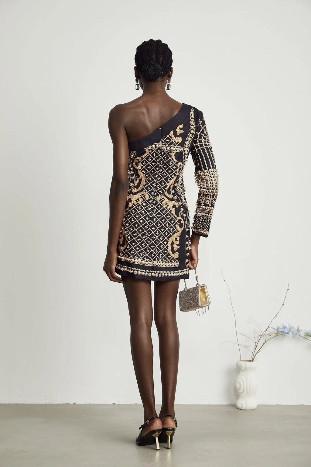 Rinata Mini Dress Pearl Embellished One Shoulder Black Gold