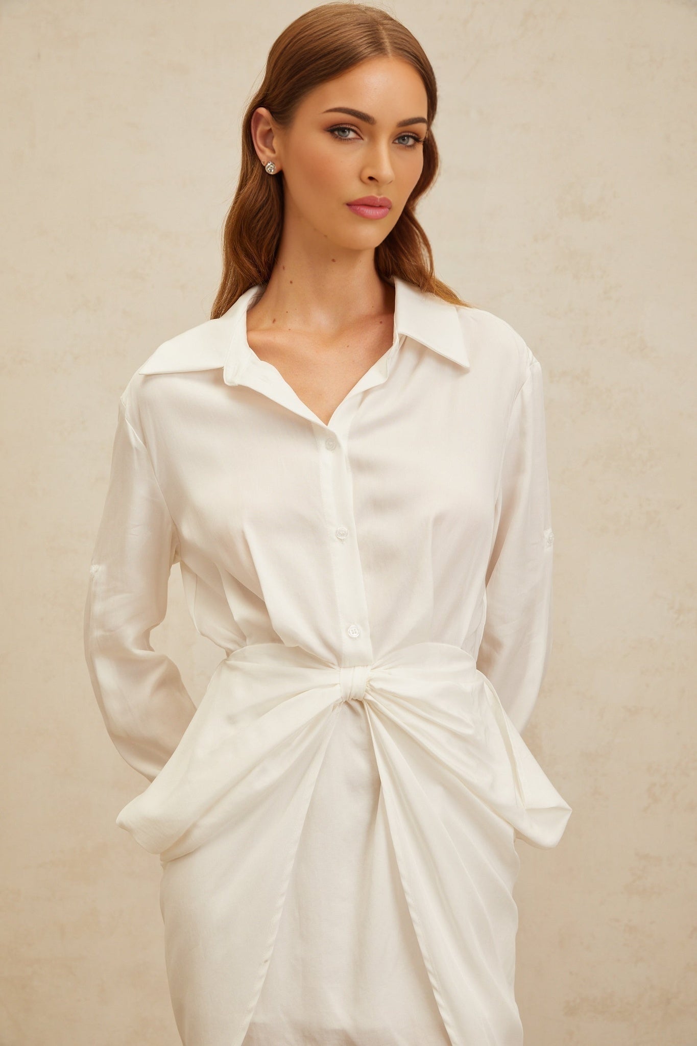 Rinata Mini Dress - Spread Collar - Long Sleeves - Fitted Waistline - Ruched Detailing - Bow Embellishment