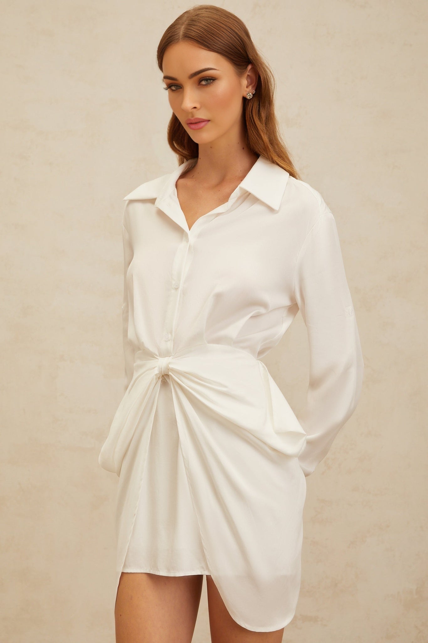 Rinata Mini Dress - Spread Collar - Long Sleeves - Fitted Waistline - Ruched Detailing - Bow Embellishment