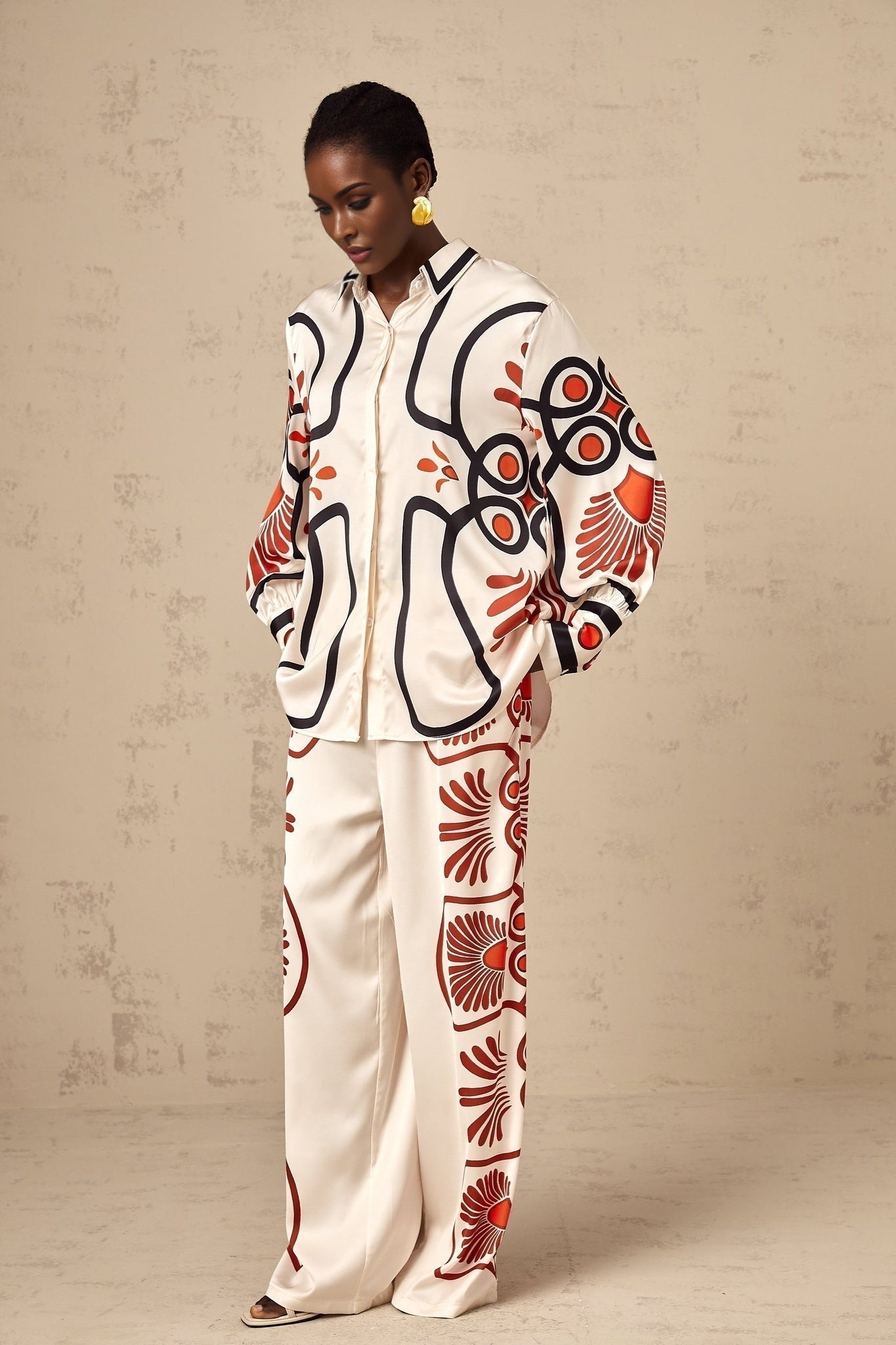 Rinata Shirt & Trousers White Multicolor Graphic Print Set