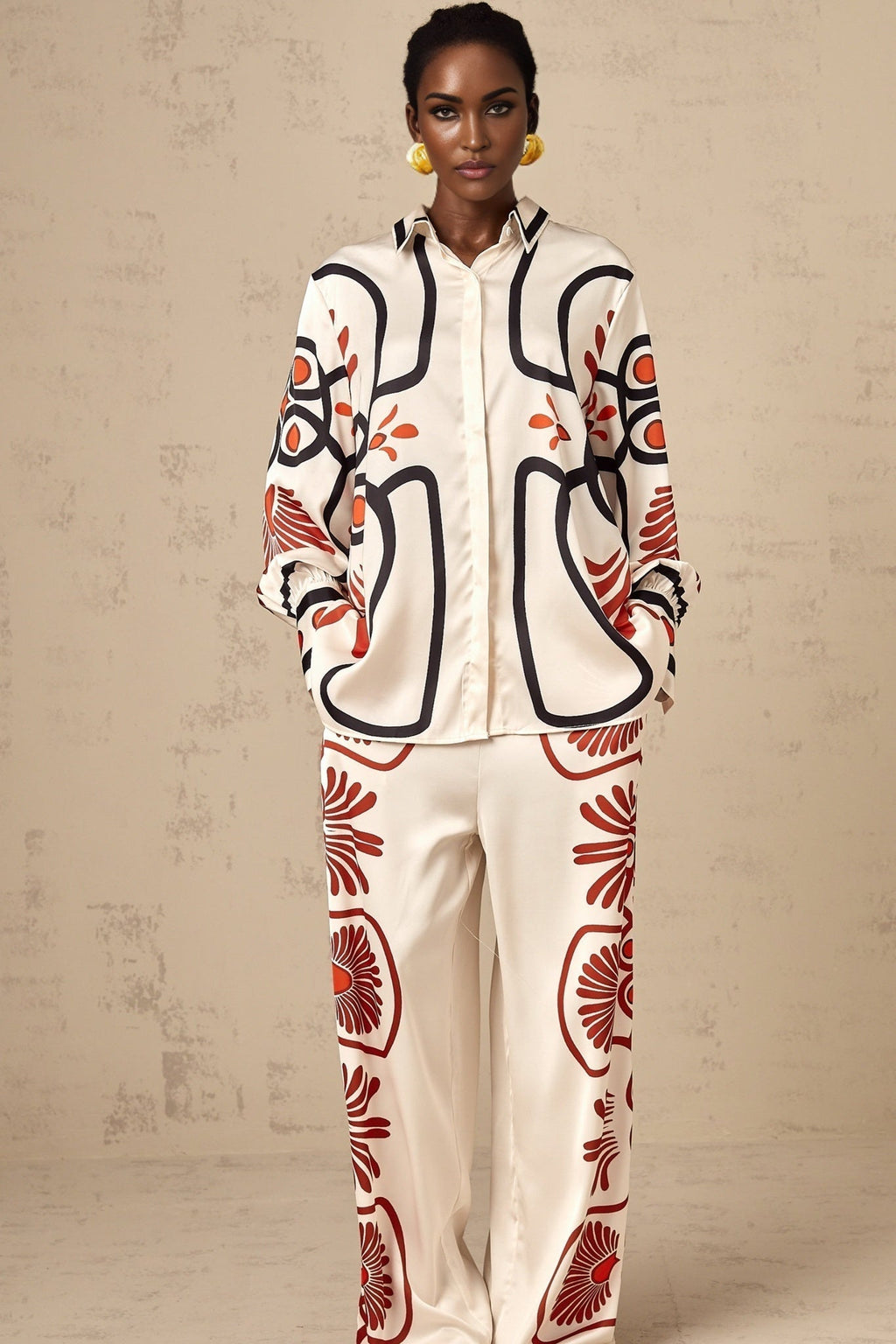 Rinata Shirt & Trousers White Multicolor Graphic Print Set