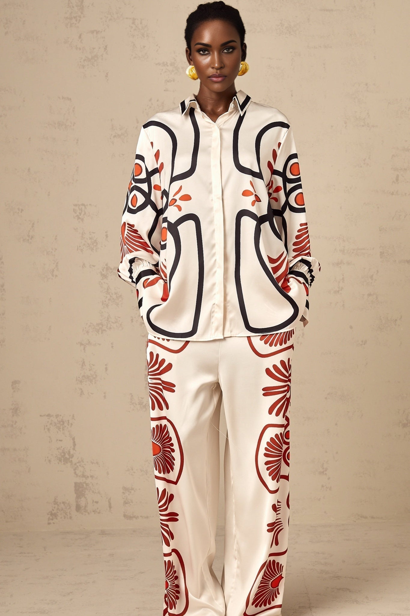 Rinata Shirt & Trousers White Multicolor Graphic Print Set