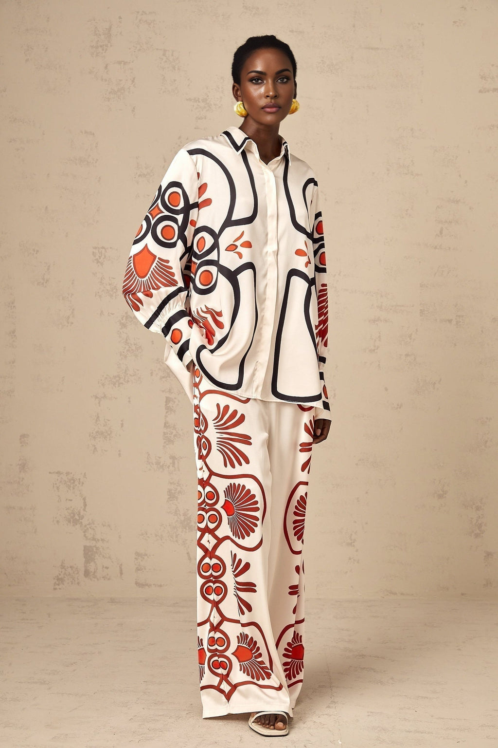 Rinata Shirt & Trousers White Multicolor Graphic Print Set