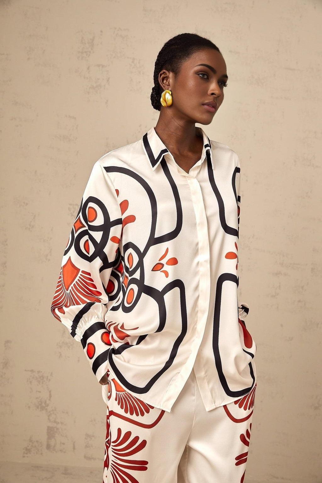 Rinata Shirt & Trousers White Multicolor Graphic Print Set