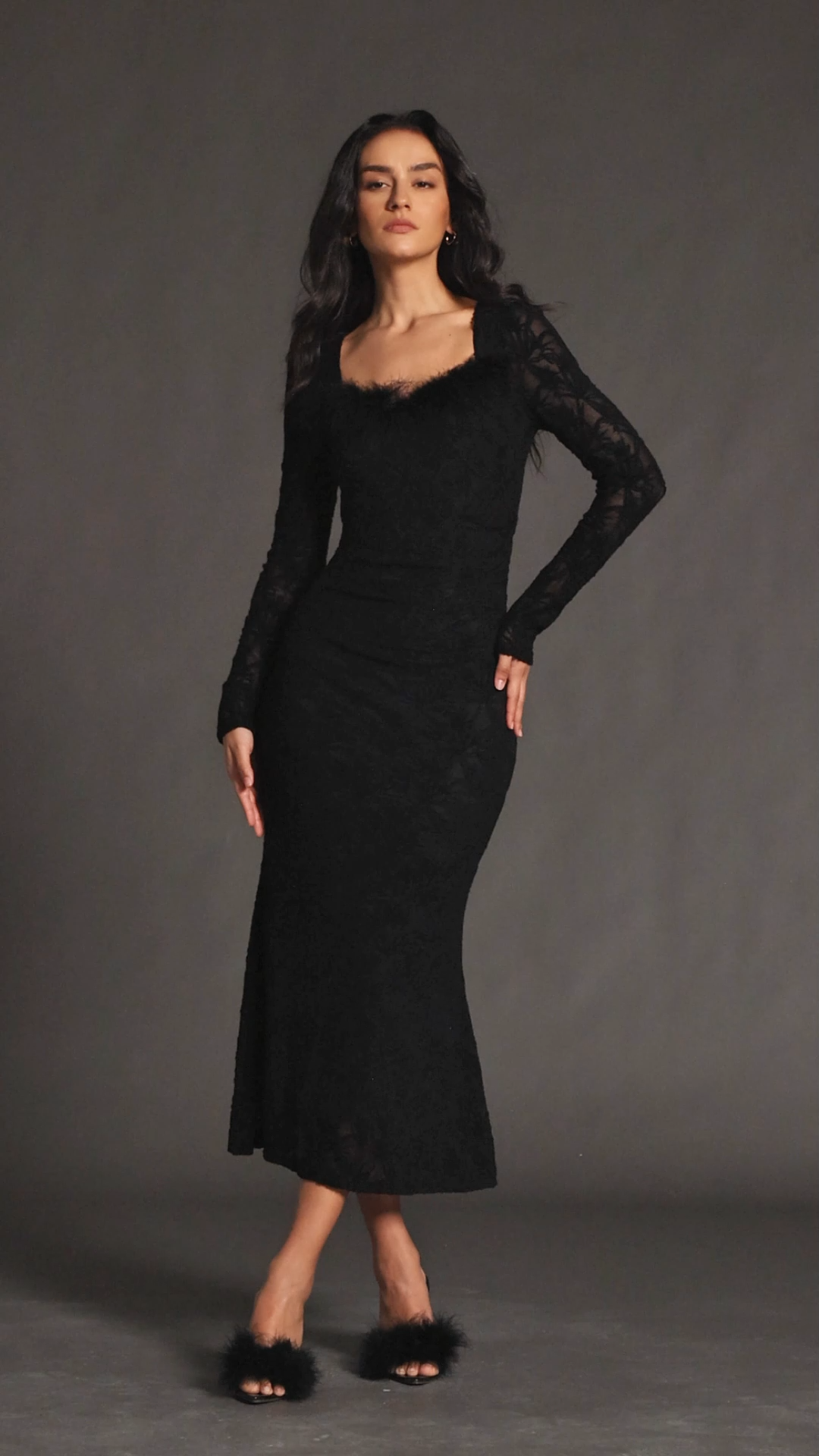 Rita Black Lace Floral Dress Square Neckline Long Sleeve Special Occasion Fit Feel Comfortable Versatile