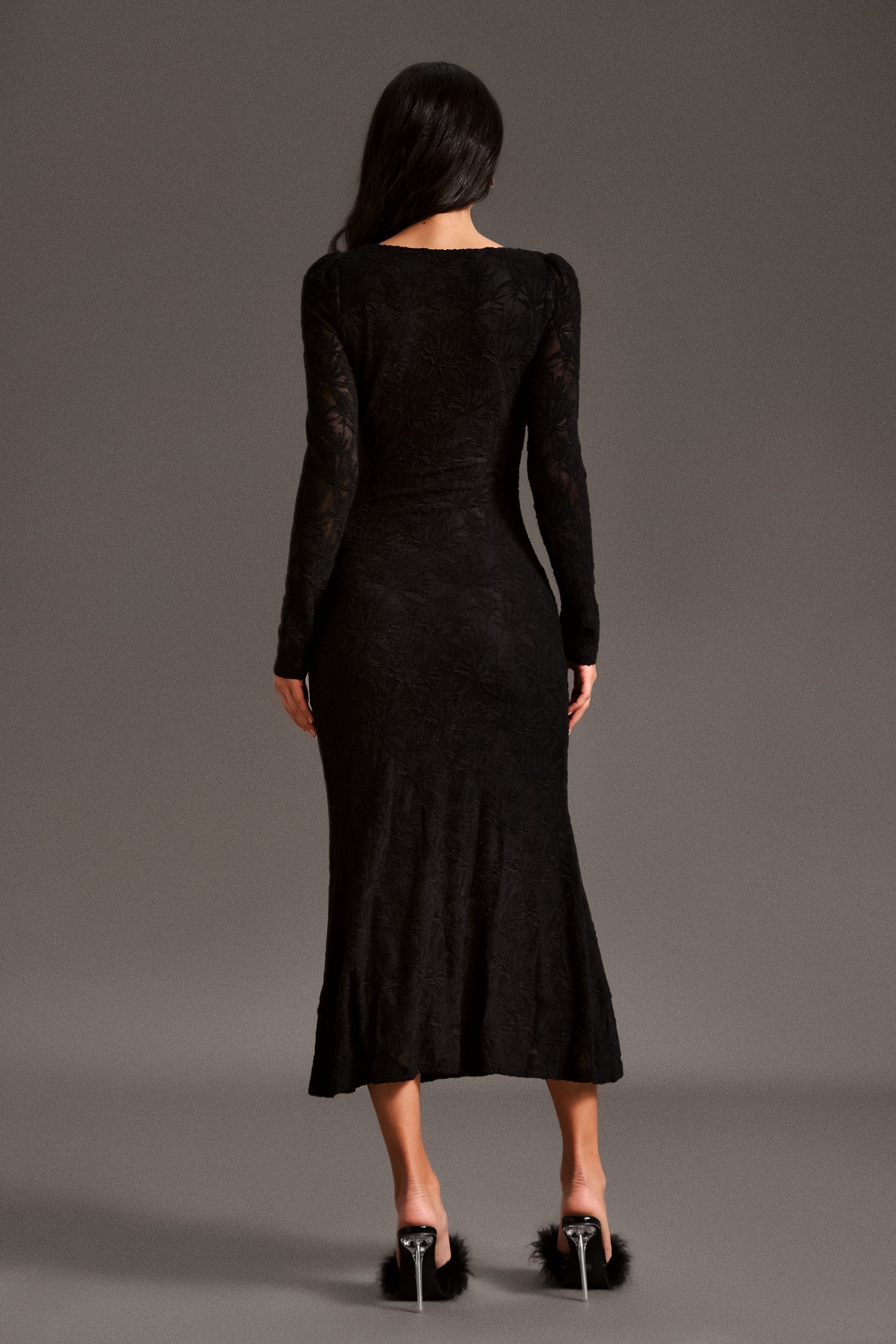 Rita Black Lace Square Neckline Long Sleeve Floral Detail Dress