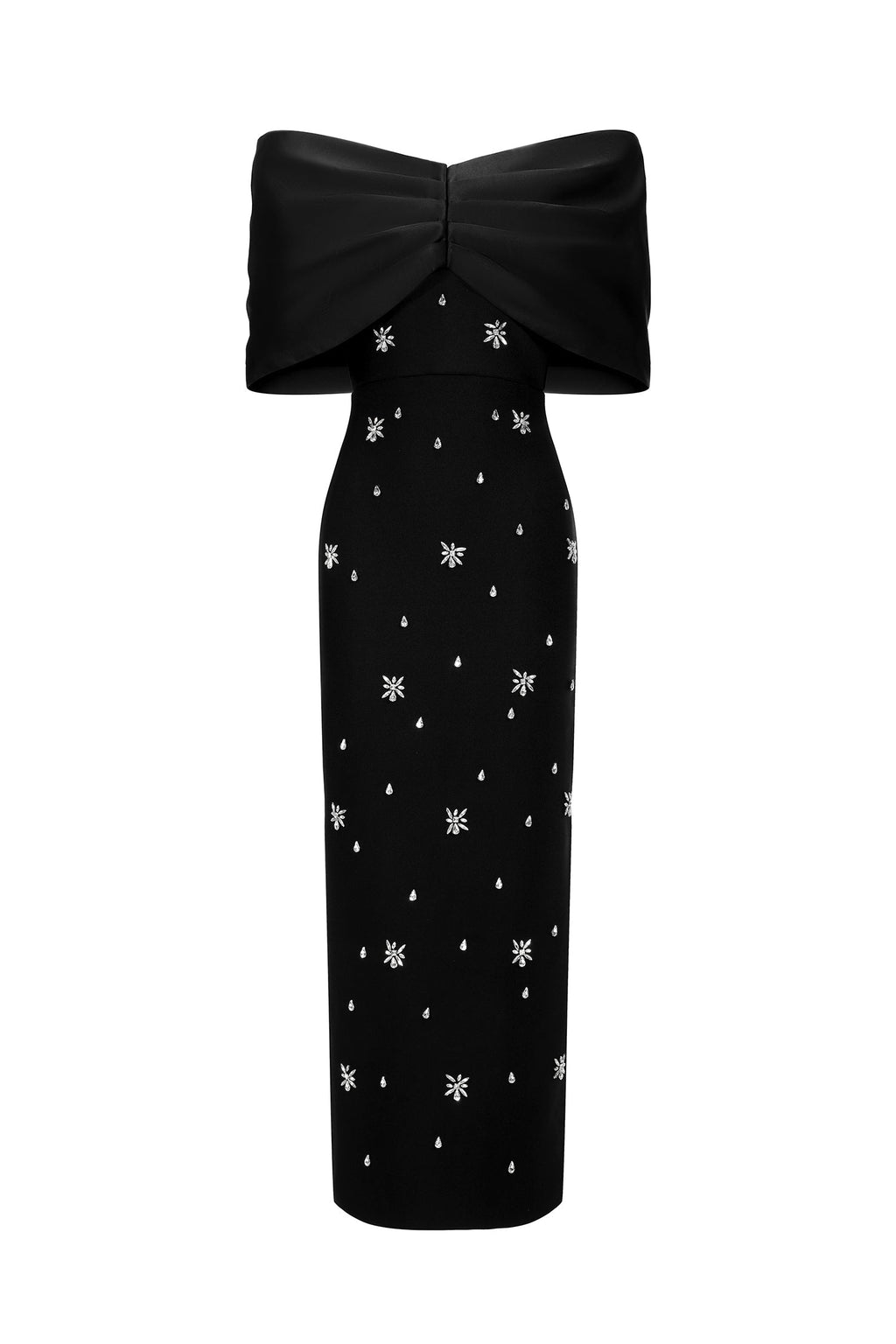 Rita Black Satin Off-Shoulder Gown Embellished Elegant Dress