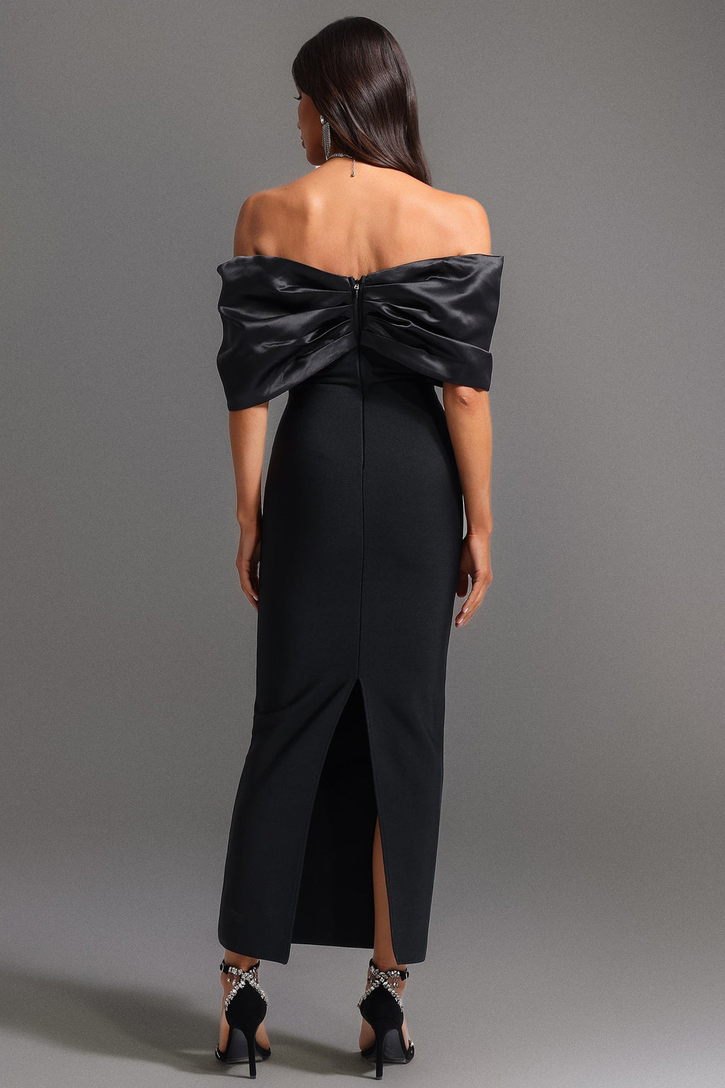 Rita Black Satin Off-the-Shoulder Gown with Sparkling Embellishments