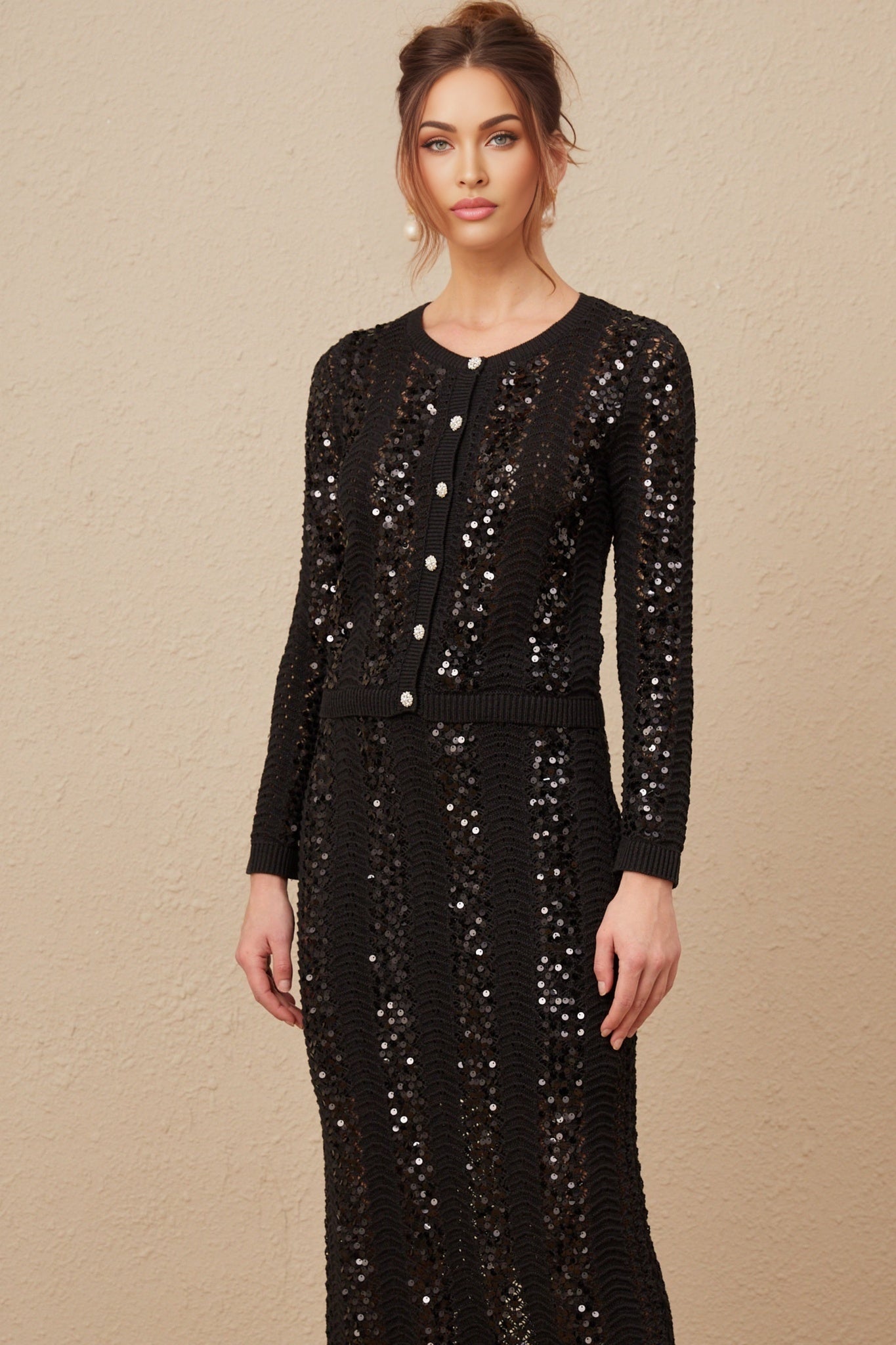 Rita Cardigan & Skirt Black Sequin Crochet Matching Set