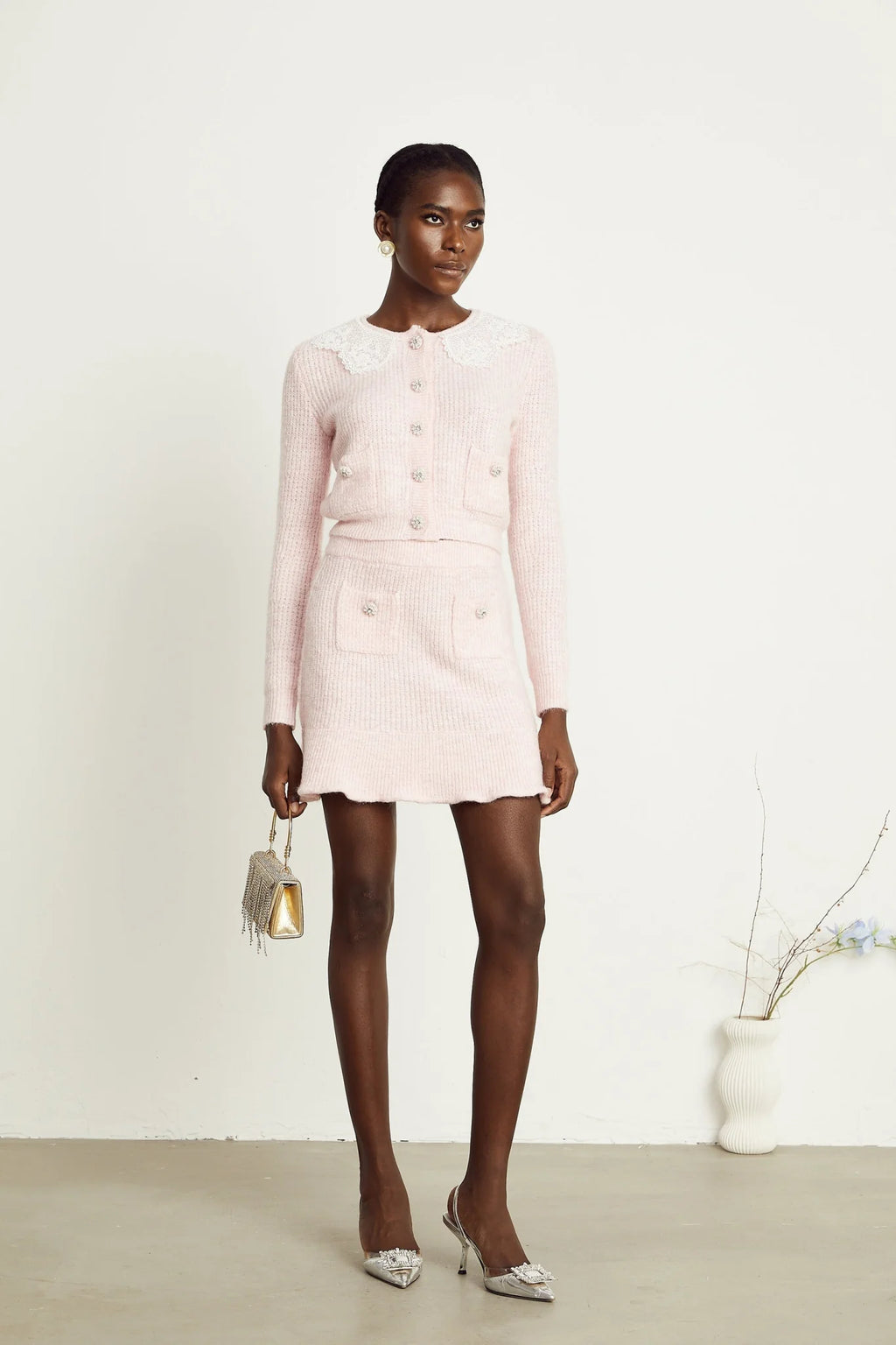 Rita Cardigan & Skirt Pink Ribbed Knit Lace Panel Flounce Hem