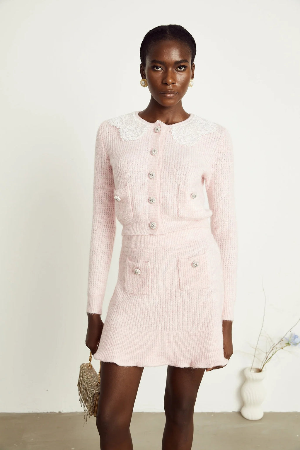 Rita Cardigan & Skirt Pink Ribbed Knit Lace Panel Flounce Hem