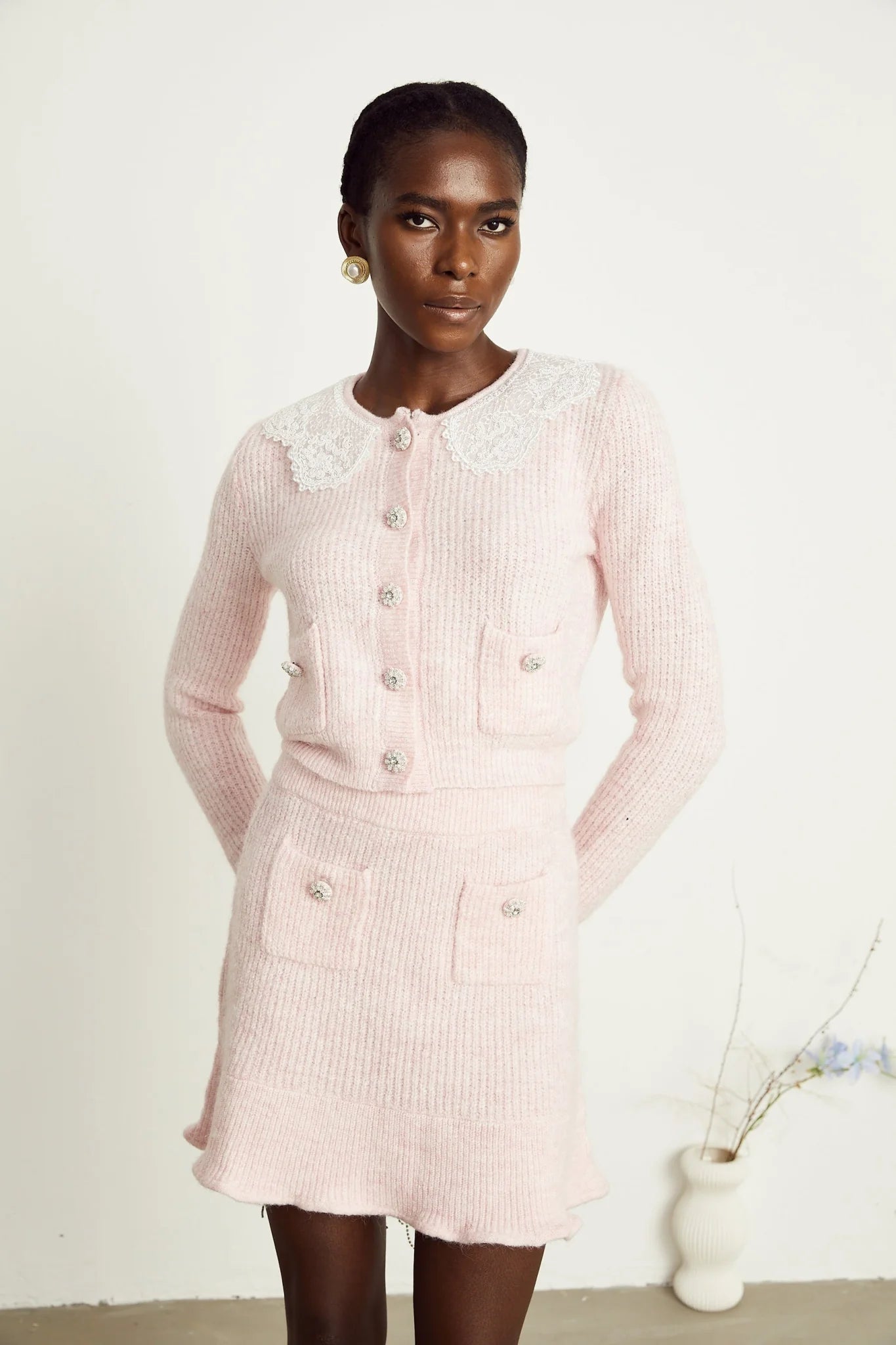 Rita Cardigan & Skirt Pink Ribbed Knit Lace Panel Flounce Hem