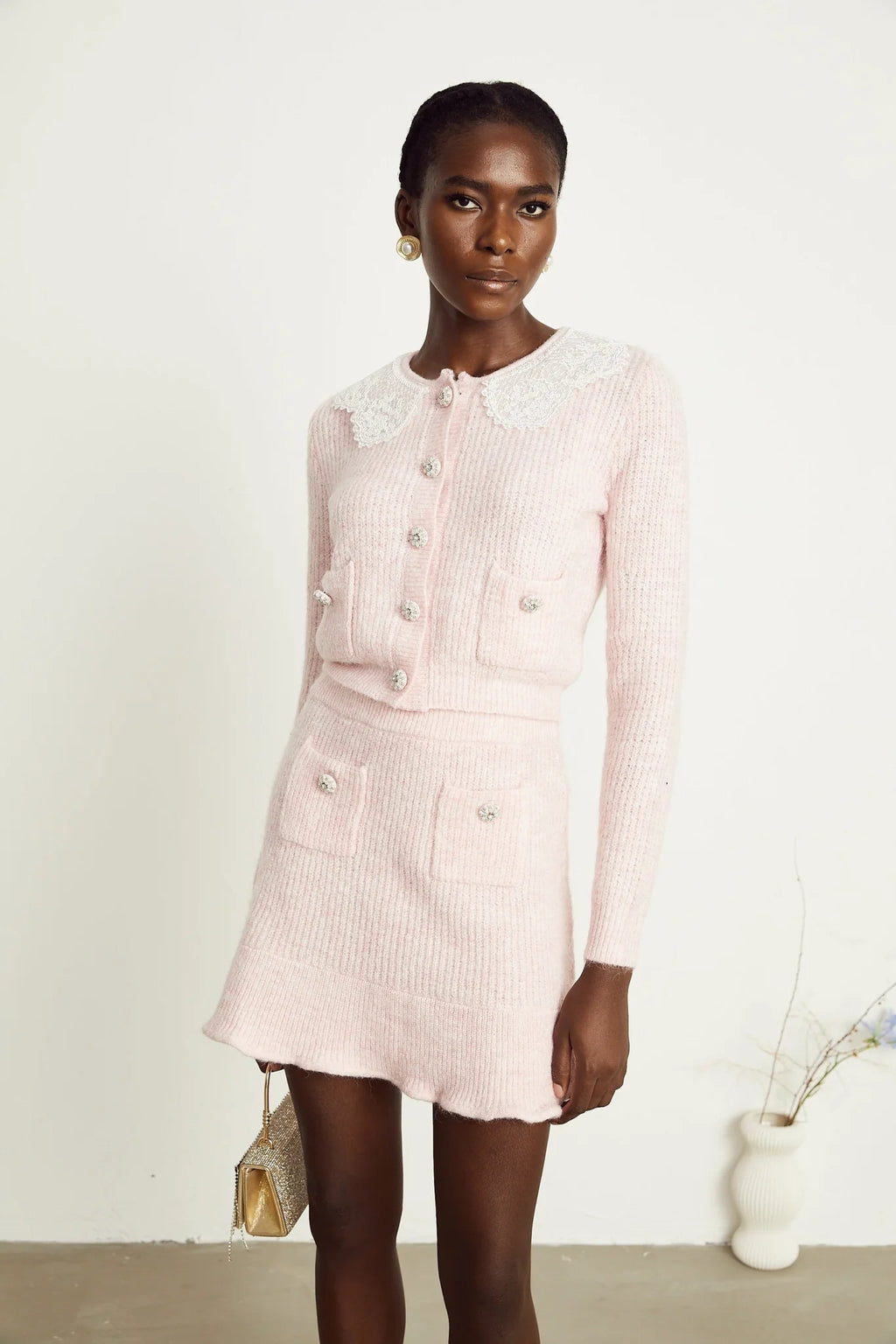 Rita Cardigan & Skirt Pink Ribbed Knit Lace Panel Flounce Hem