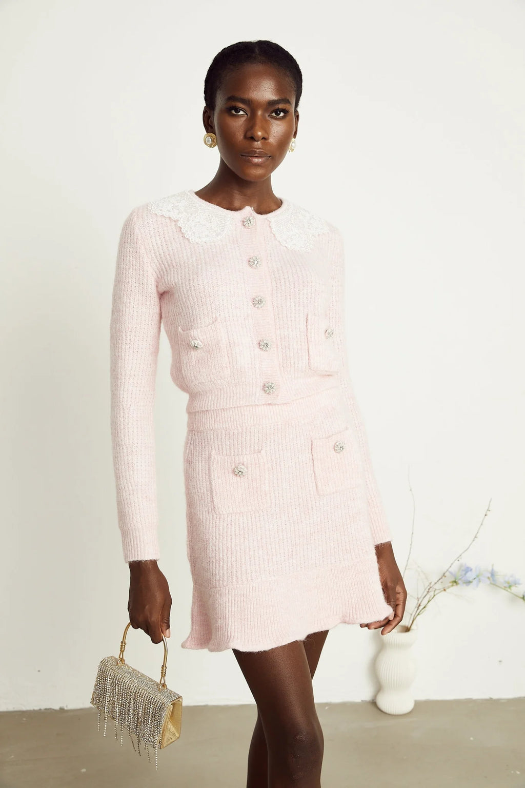 Rita Cardigan & Skirt Pink Ribbed Knit Lace Panel Flounce Hem