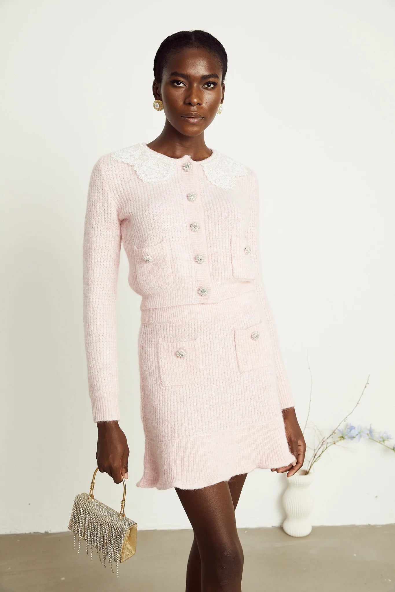 Rita Cardigan & Skirt Pink Ribbed Knit Lace Panel Flounce Hem