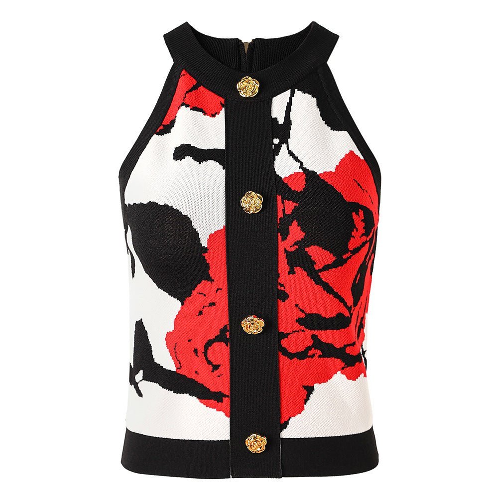Rita Crop Top – Sleeveless High Neck – Floral Pattern – Fitted Cropped Knit – Decorative Gold Buttons – Versatile Layering Piece