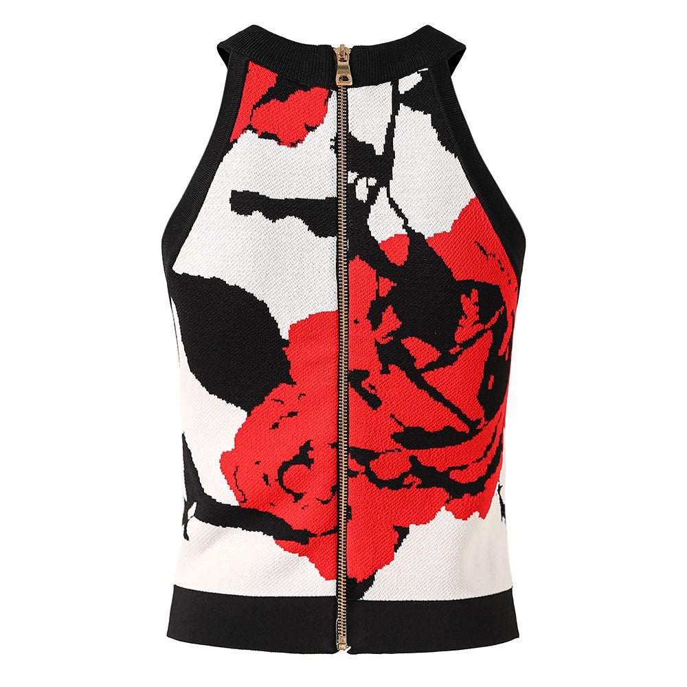 Rita Crop Top – Sleeveless High Neck – Floral Pattern – Fitted Cropped Knit – Decorative Gold Buttons – Versatile Layering Piece